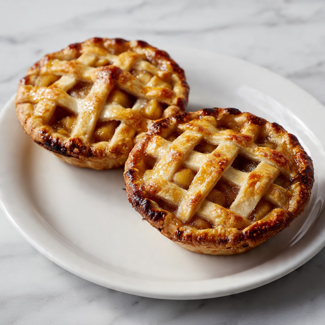 Two small pies with golden brown lattice tops sit side by side on a white plate. The lattice crust is crisp and shiny with a slightly uneven, homemade look showing the filling peeking through in gaps. The pies have a warm, baked texture with some darker baked edges, and the plate rests on a white marbled surface. photo taken with an iphone --ar 4:5 --v 7