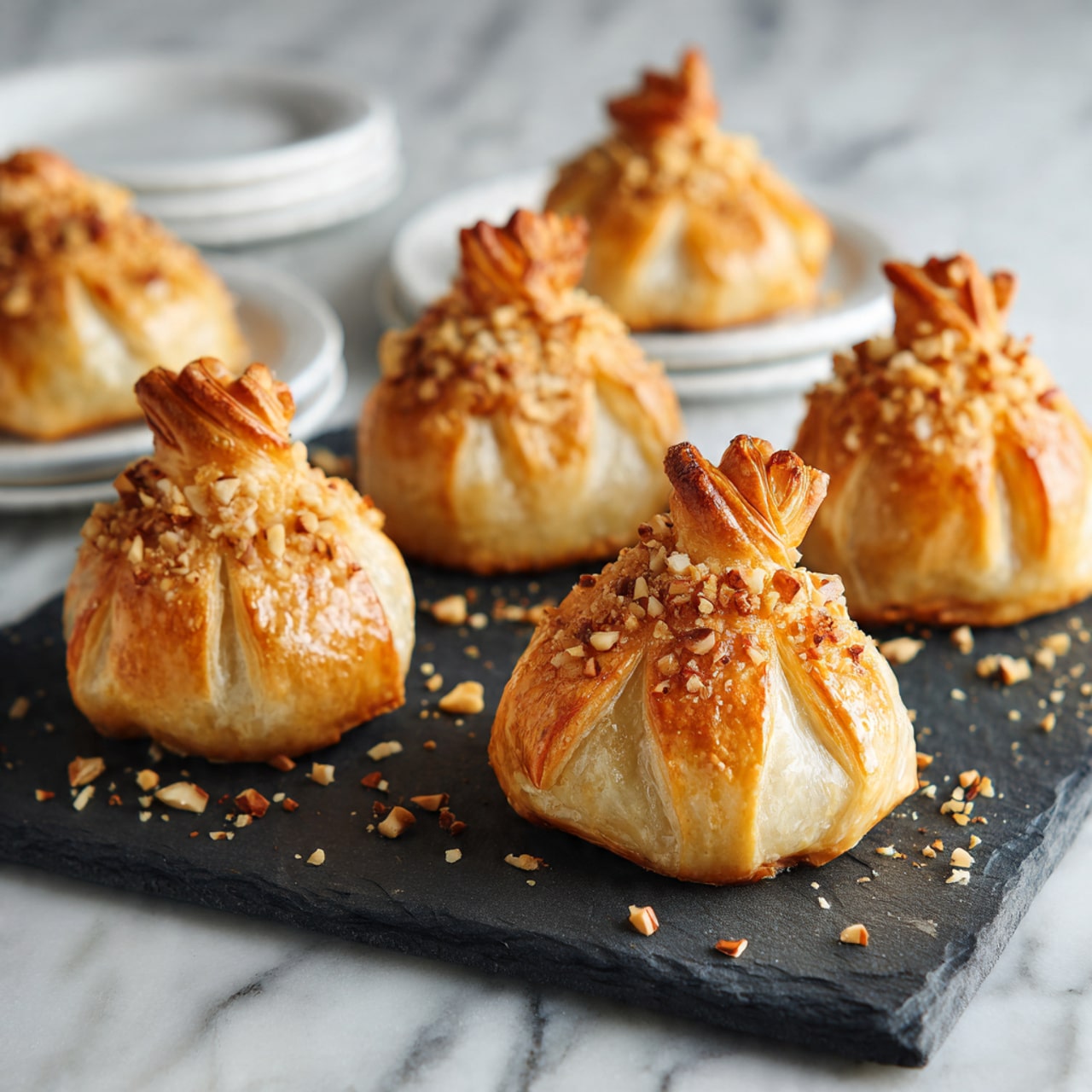 The image shows small golden brown pastries with a slightly crispy texture, each tied up at the top with twisted dough edges. The pastries are sprinkled with crushed nuts that add a crunchy detail on their tops. They are arranged neatly on a dark slate serving board, placed on a white marbled surface. Around the slate board, there are white plates with similarly wrapped pastries visible at the edges of the image. The overall look is warm and inviting, with natural light softly highlighting the textures of the pastries and the white marbled surface photo taken with an iphone --ar 4:5 --v 7