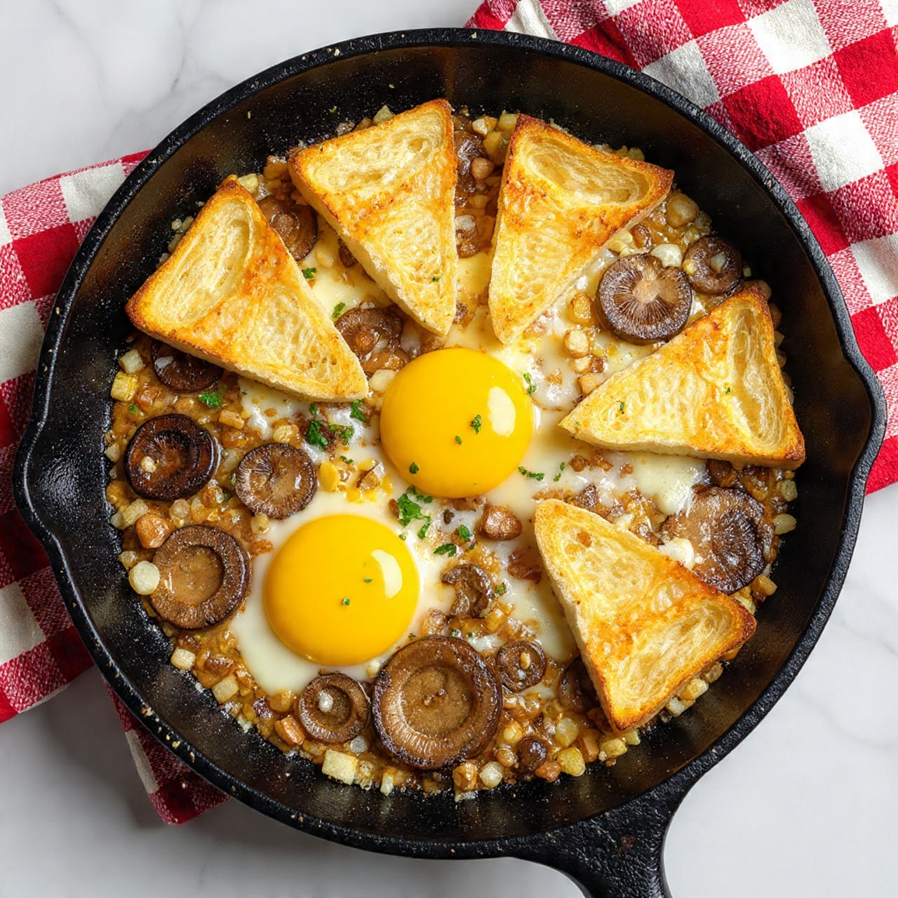 The image shows a black cast iron skillet filled with a cooked dish. At the base, there are many small brown mushrooms and diced onions mixed together, creating a rough, textured dark layer. On top of this, there is a layer of melted white cheese covering most of the skillet surface unevenly. Three bright yellow fried egg yolks are spread out evenly within the cheese and mushrooms. Around the edges of the skillet, five slices of toasted light golden brown bread are placed upright so that the crust faces outward and the soft inside is visible, showing some toasted texture and a few dark seeds or holes. Small pieces of green herbs are sprinkled over everything, adding tiny green dots across the dish. The background is a white marbled surface with a red and white checkered cloth barely visible under the skillet's lower edge. photo taken with an iphone --ar 4:5 --v 7