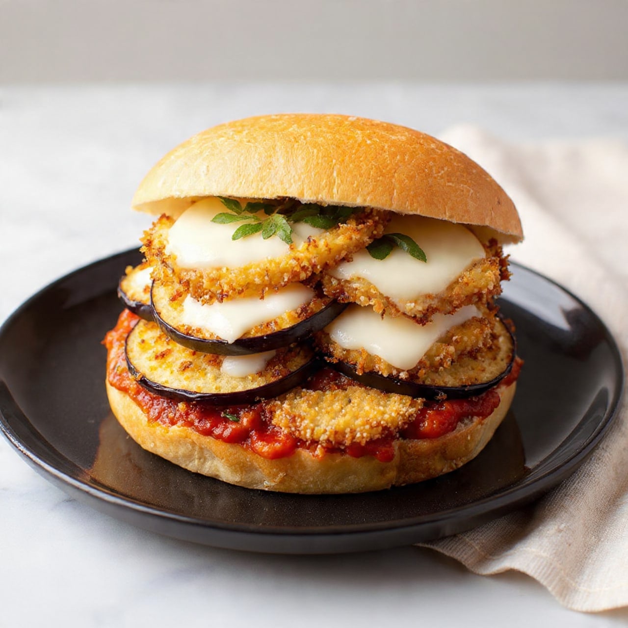 A sandwich on a white bun is open to show four layers inside. The bottom layer has a bright red sauce spread thickly across the bun’s bottom half. On top of this sauce, there are three pieces of fried eggplant arranged in a row, each golden brown with a crunchy texture. Each eggplant piece has a small white melting cheese patch, slightly melted and soft, with green fresh basil pieces sprinkled around on top. The sandwich is placed on a black plate, which sits on a white marbled surface with a light-colored cloth nearby. photo taken with an iphone --ar 4:5 --v 7
