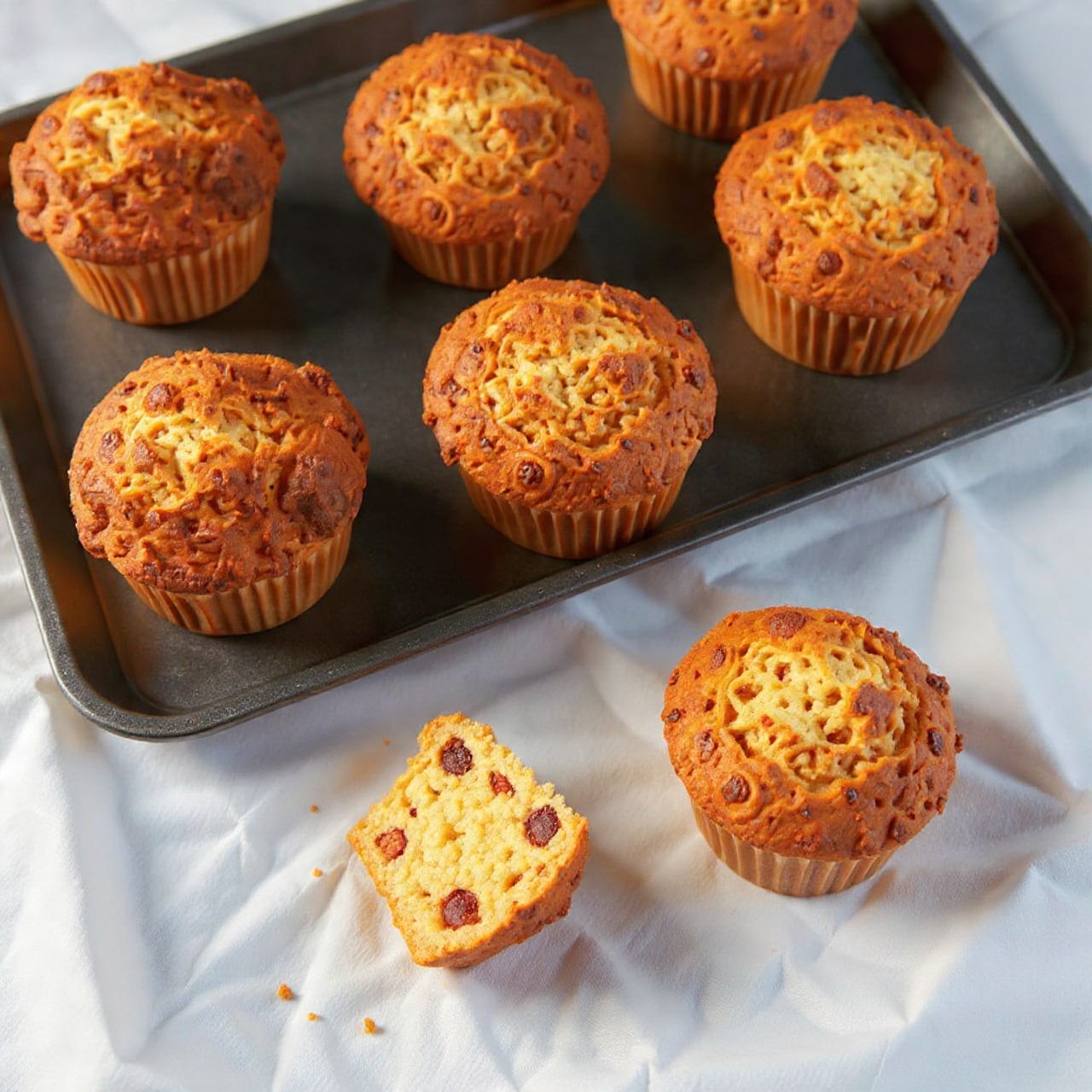 A close-up shot shows five muffins in a dark metal muffin tray, with one muffin completely removed and placed upside down on white marbled texture. Each muffin has a rough, uneven top covered with walnut pieces, showing a golden brown color with darker brown spots. The muffins are in light brown paper liners with ridges. The texture looks soft and slightly crumbly. Some crumbs are scattered on the white marbled surface around the tray and the removed muffin. photo taken with an iphone --ar 4:5 --v 7