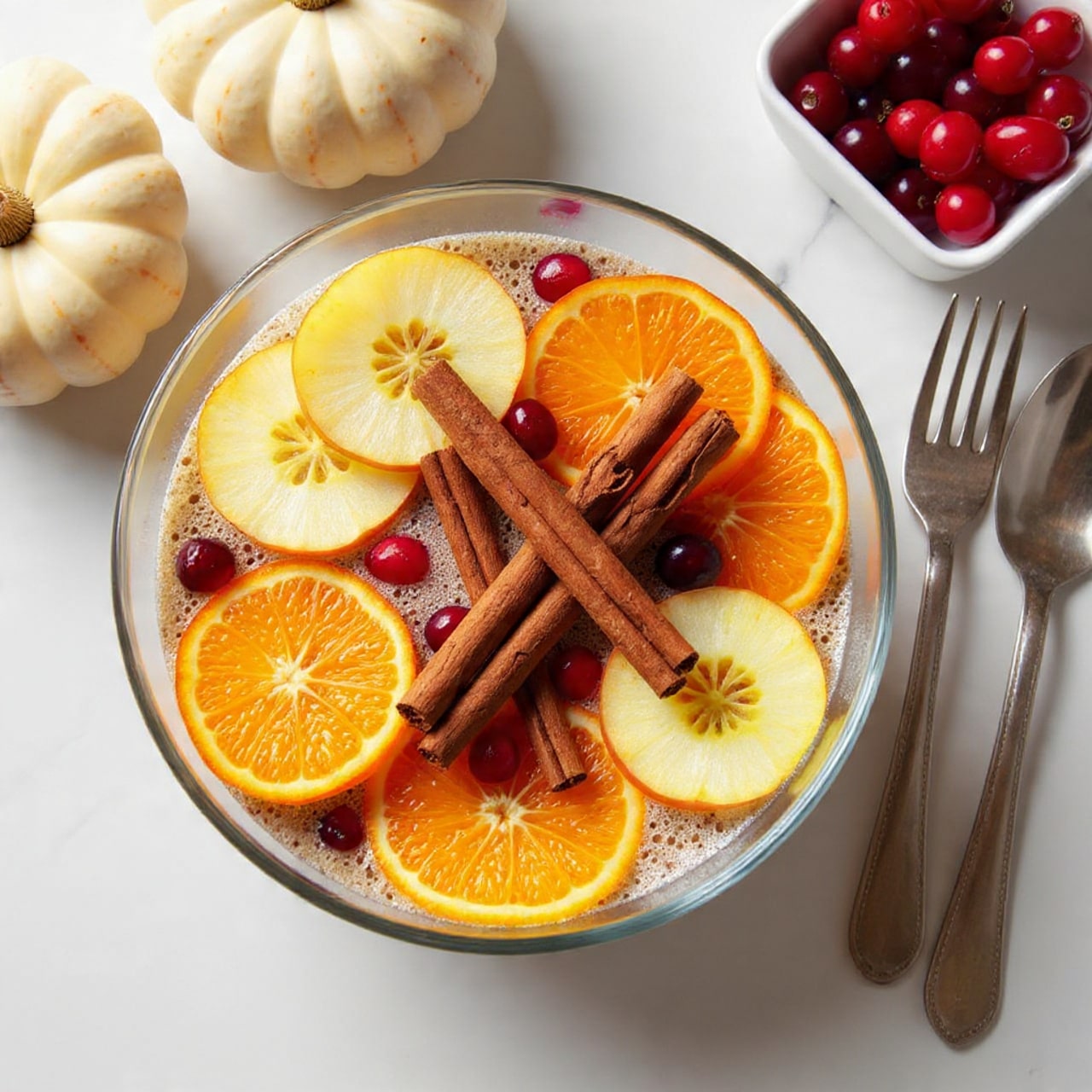 A clear round glass bowl filled with a colorful mix of sliced pale yellow apples and bright orange orange slices arranged evenly. Dark red cranberries are scattered throughout the fruit. Several brown cinnamon sticks are placed on top, adding texture and warmth. The bowl sits on a white marbled surface, with a silver spoon and fork resting beside it. Nearby, small white pumpkins and a bunch of red cranberries add to the cozy autumn feeling. Photo taken with an iphone --ar 4:5 --v 7