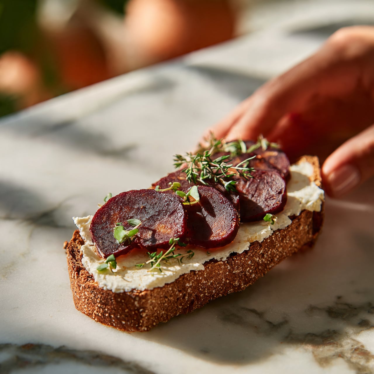 A thick slice of brown bread with a soft, white cheese spread evenly on top forms the base layer. On the cheese, there are thin slices of dark red cured meat arranged in a small pile, with a few scattered green herbs adding color contrast. The setting includes a white marbled surface under the bread, and a woman's hand gently holding the side of the bread. The background is softly blurred with hints of white and warm tones. photo taken with an iphone --ar 4:5 --v 7