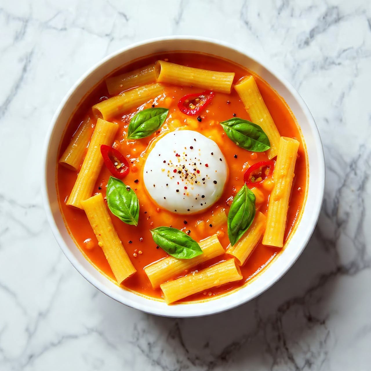 A white bowl filled with rigatoni pasta coated in a thick, creamy orange sauce, giving the pasta a smooth and rich texture. On top of the pasta in the center is a large dollop of white creamy cheese, garnished with fresh green basil leaves. Thin slices of red chili peppers are scattered over the cheese and pasta, adding bright red accents. Small green herb leaves are sprinkled all over the dish, along with black pepper and red chili flakes for texture and color contrast. The bowl sits on a white marbled surface. photo taken with an iphone --ar 4:5 --v 7
