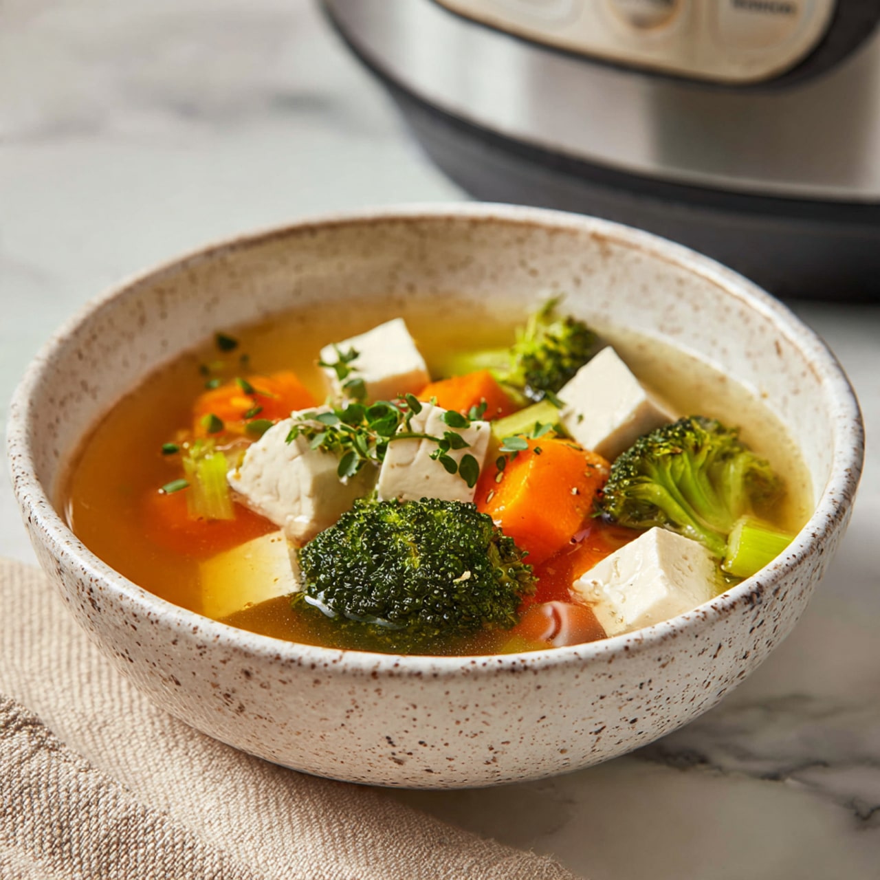 This image shows a top-down view of several white bowls arranged in a loose circle on a white marbled surface. Each bowl holds a different ingredient: one contains cubed carrot pieces in bright orange, another has chopped white onions, one bowl has fresh deep green spinach leaves, another holds diced light brown potatoes with skin, another is filled with cut green celery stalks, and one contains frozen broccoli florets with a frosty texture. A separate small white bowl in the middle holds beige grains, likely barley. Nearby there are three garlic cloves, a whole lime, and a tiny bowl with ground black pepper. A glass jar with a yellow liquid, possibly broth or juice, sits at the upper right part of the scene. photo taken with an iphone --ar 4:5 --v 7