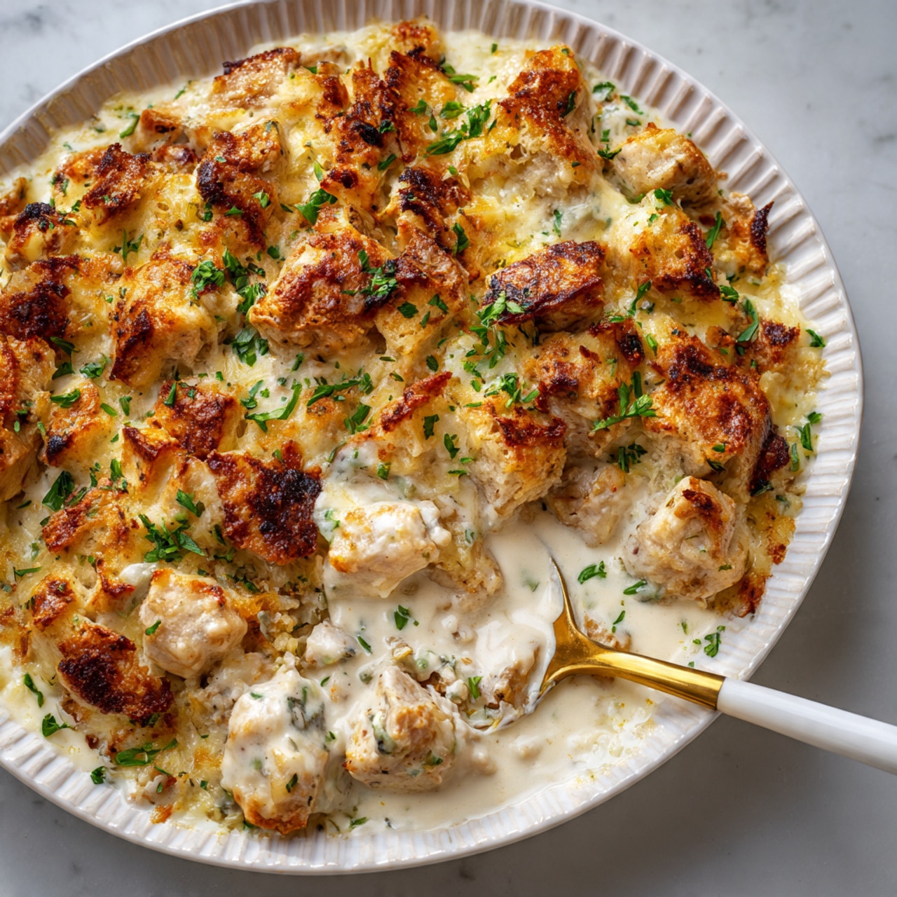 A white plate with a ridged edge holds a creamy dish made of baked white meat pieces covered with a golden brown crust and green herbs sprinkled on top. A gold spoon with a white handle rests on the plate, scooping a soft chunk of the meat covered in creamy white sauce. The dish appears soft and rich, with some crispy parts visible. photo taken with an iphone --ar 4:5 --v 7