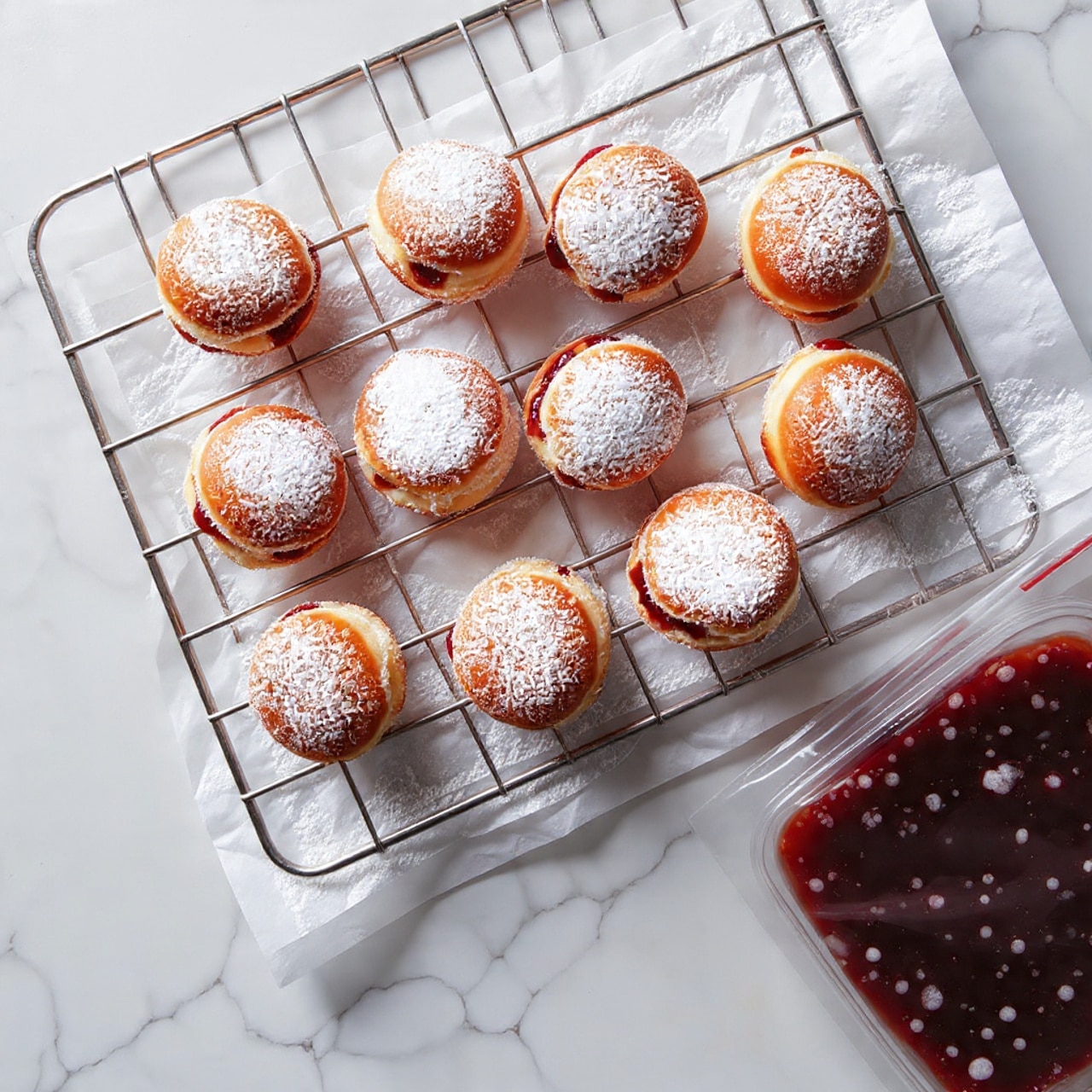 The image shows twelve small round golden-brown fried dough pieces placed closely on a white paper towel-lined white cooling rack. The dough pieces have a slightly uneven surface texture with some darker golden spots, indicating they are fried to a crisp outside. In the lower right corner, there is a translucent plastic bag corner with dark red liquid visible inside, resting on a white marbled surface. The overall setup is bright with soft lighting highlighting the warm color of the fried dough pieces. photo taken with an iphone --ar 4:5 --v 7