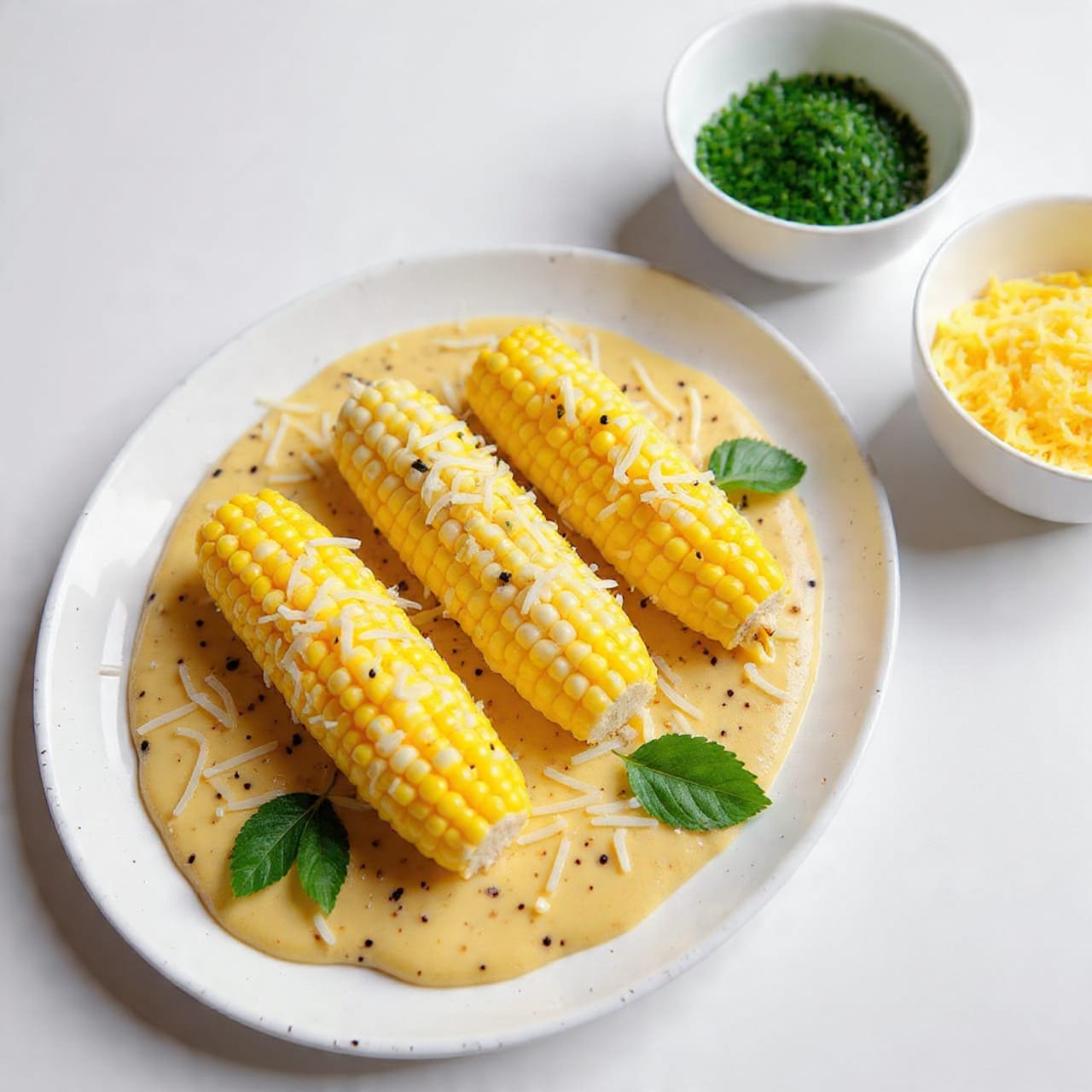 The image shows four ears of yellow grilled corn on the cob placed on a white oval plate with speckled texture. Each ear has a thick layer of light brown creamy sauce with black specks spread on top, covering most of the kernels. Over this sauce, there is a generous sprinkling of white shredded cheese and small green herb leaves scattered unevenly, adding fresh color contrasts. The top ends of the corn still have some green husks attached. Around the plate, the surface is a white marbled texture with some cheese and herbs scattered. To the right, there are two white bowls, one holding a bit of the same creamy sauce and the other filled with shredded cheese mixed with herbs. The photo was taken with an iphone --ar 4:5 --v 7