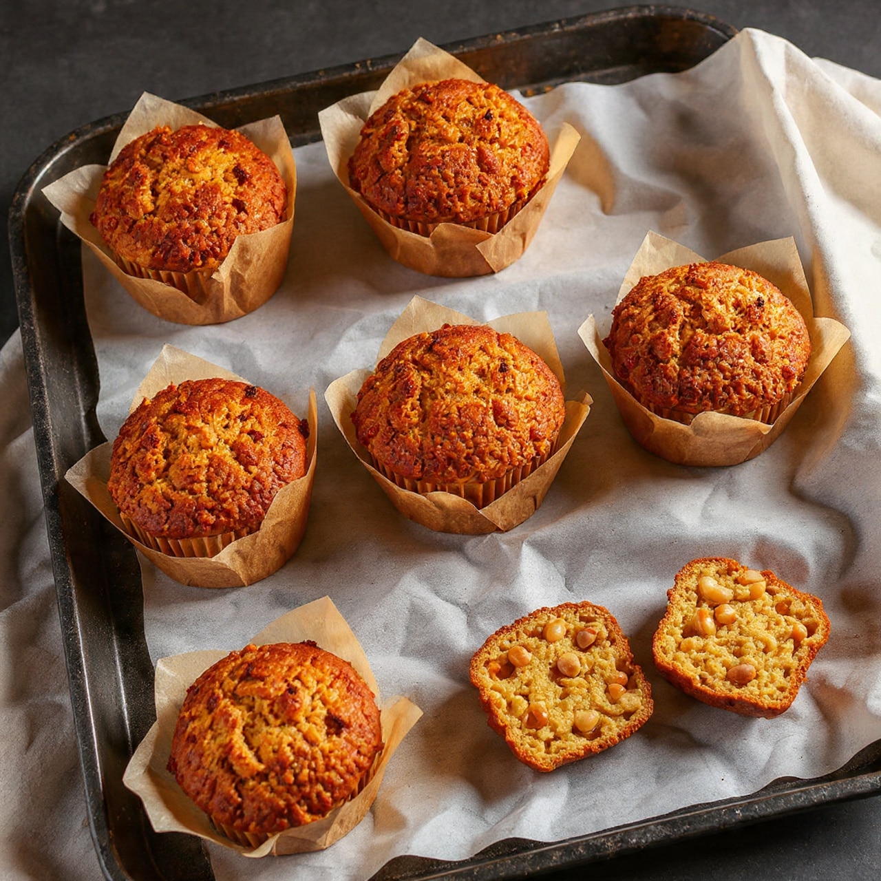 The image shows six muffins with a rough, cracked top filled with pieces of nuts on a dark metal muffin tray. Four muffins are still inside the tray, each wrapped in light brown paper liners that have vertical ridges. The muffins have a golden brown color with darker brown nut pieces scattered on top. Two muffins have been taken out and placed on a crumpled white sheet with a white marbled texture underneath, showing their soft, textured inside with visible nuts and crumb. Photo taken with an iphone --ar 4:5 --v 7
