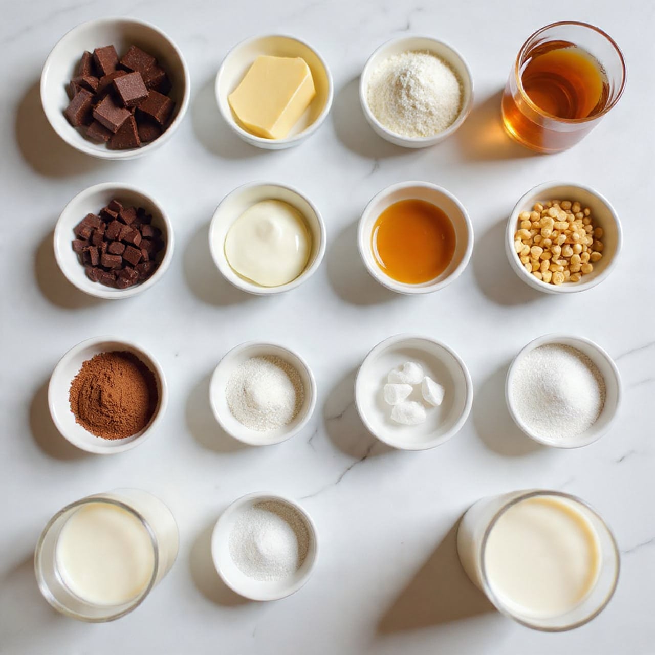 The image shows a neatly arranged collection of small bowls and a jar on a white marbled surface, each containing a different ingredient. Starting from the top left, there are small pieces of dark chocolate in a white bowl, followed by larger chunks of chocolate in another white bowl to the right. Next to these, a white bowl holds a scoop of creamy white butter. Below these, a white bowl is filled with smooth cream, and next to it is a smaller white bowl containing a pale powder, likely flour. Moving downward, a white bowl filled with dark liquid, possibly coffee or syrup, sits beside a small clear glass bowl with golden honey. Below them, a white bowl holds mixed chopped nuts, and beside it is a larger white bowl filled with rich brown cocoa powder. Two small white bowls nearby contain crushed ice or rock salt with a jar of milk placed at the bottom right corner. Another small bowl filled with coarse white salt and a ceramic bowl with white granules complete the array. All items are shown clearly on a clean white marbled surface, in natural light. photo taken with an iphone --ar 4:5 --v 7