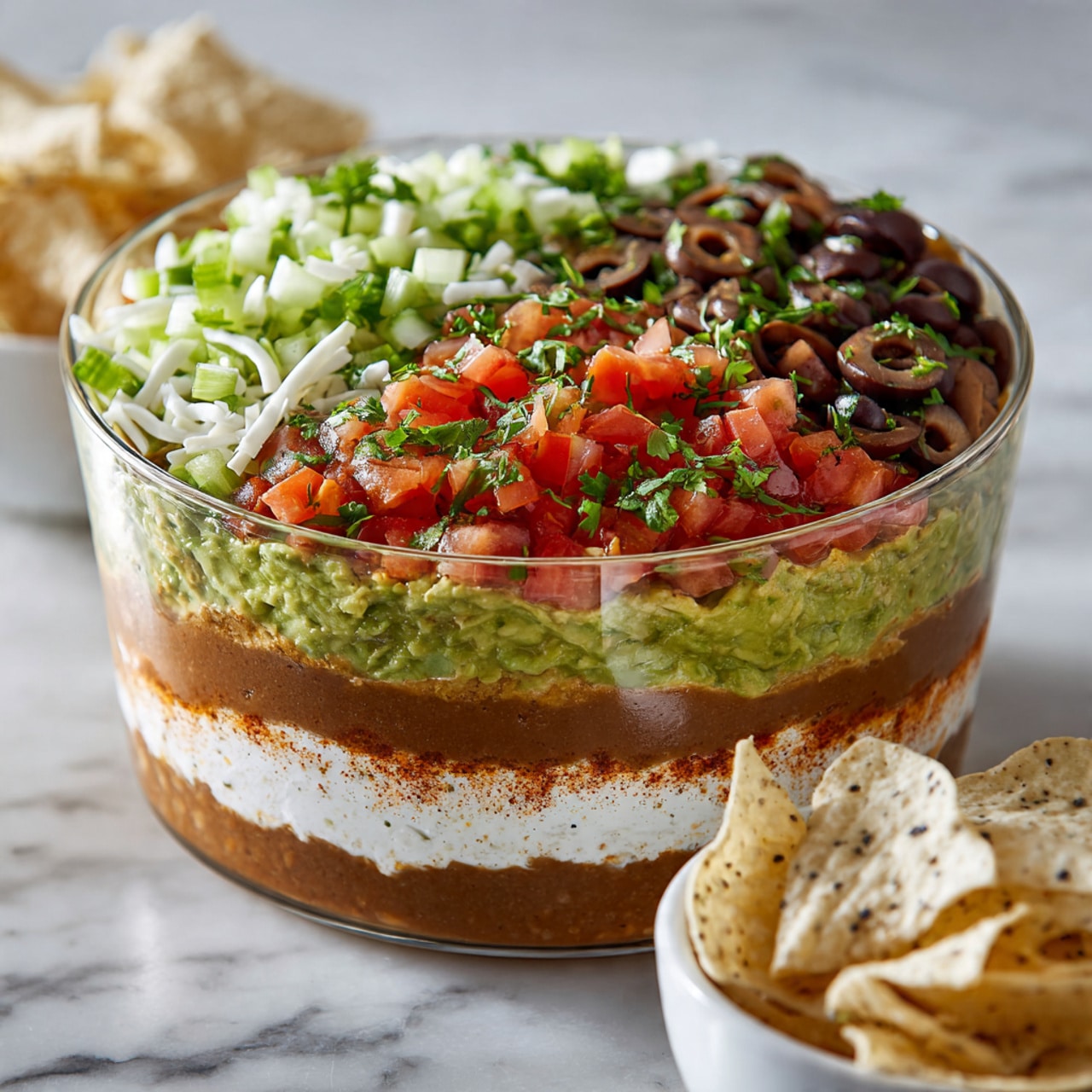 The image shows a clear glass bowl with seven colorful layers of food. The bottom layer is a brown, smooth bean paste. Above it is a white creamy layer with a sprinkle of reddish seasoning. Next, a thick layer of green guacamole mixed with small pieces of herbs follows. On top of this is a layer of diced red tomatoes combined with light green chopped celery. Then, shredded white cheese mixes with finely chopped green onions. The top layer is dark brown with chopped olives and some green parsley leaves scattered on top. In the foreground, there is a white bowl filled with white tortilla chips that have black specks, placed on a white marbled surface. Photo taken with an iphone --ar 4:5 --v 7