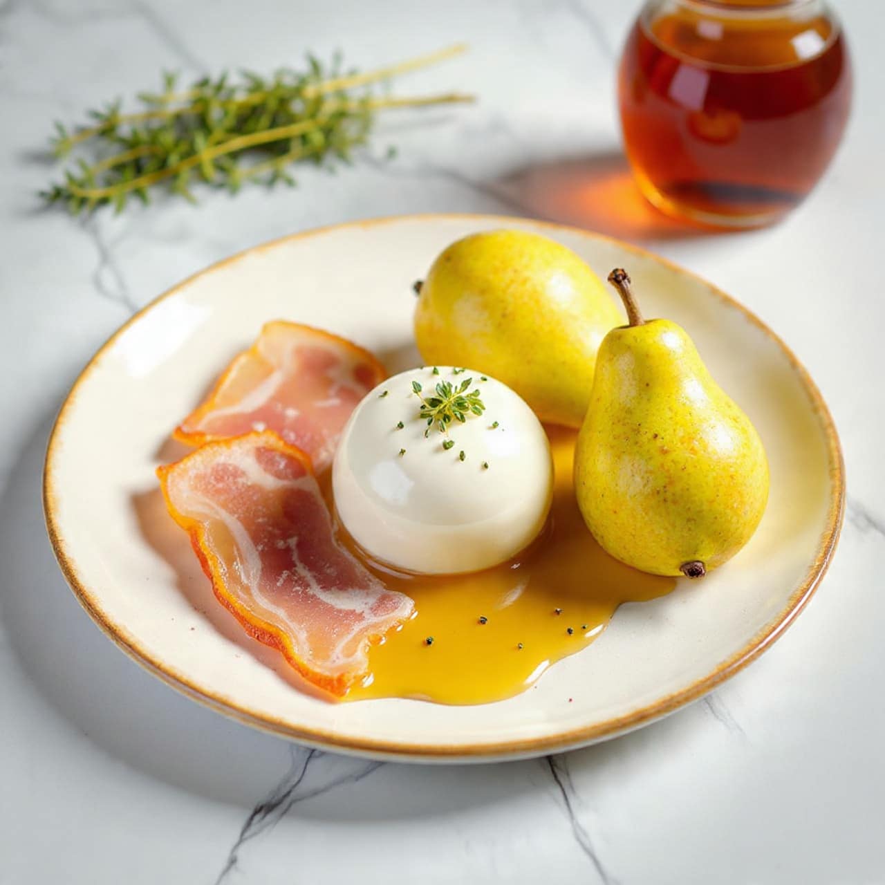 The dish shows a black plate with a white marbled textured background, featuring a base layer of yellow pear slices, peeled and arranged in a circle on the plate. On top of the pears, there is a large dollop of soft white cheese with a smooth texture. The cheese is topped with thin, browned slices of crispy bacon placed unevenly over it. Tiny green sprigs of fresh herbs are scattered on the cheese and bacon. A rich brown sauce is drizzled generously over the whole dish, pooling slightly at the bottom. The entire plate has a light sprinkle of black pepper and other small seasonings. photo taken with an iphone --ar 4:5 --v 7