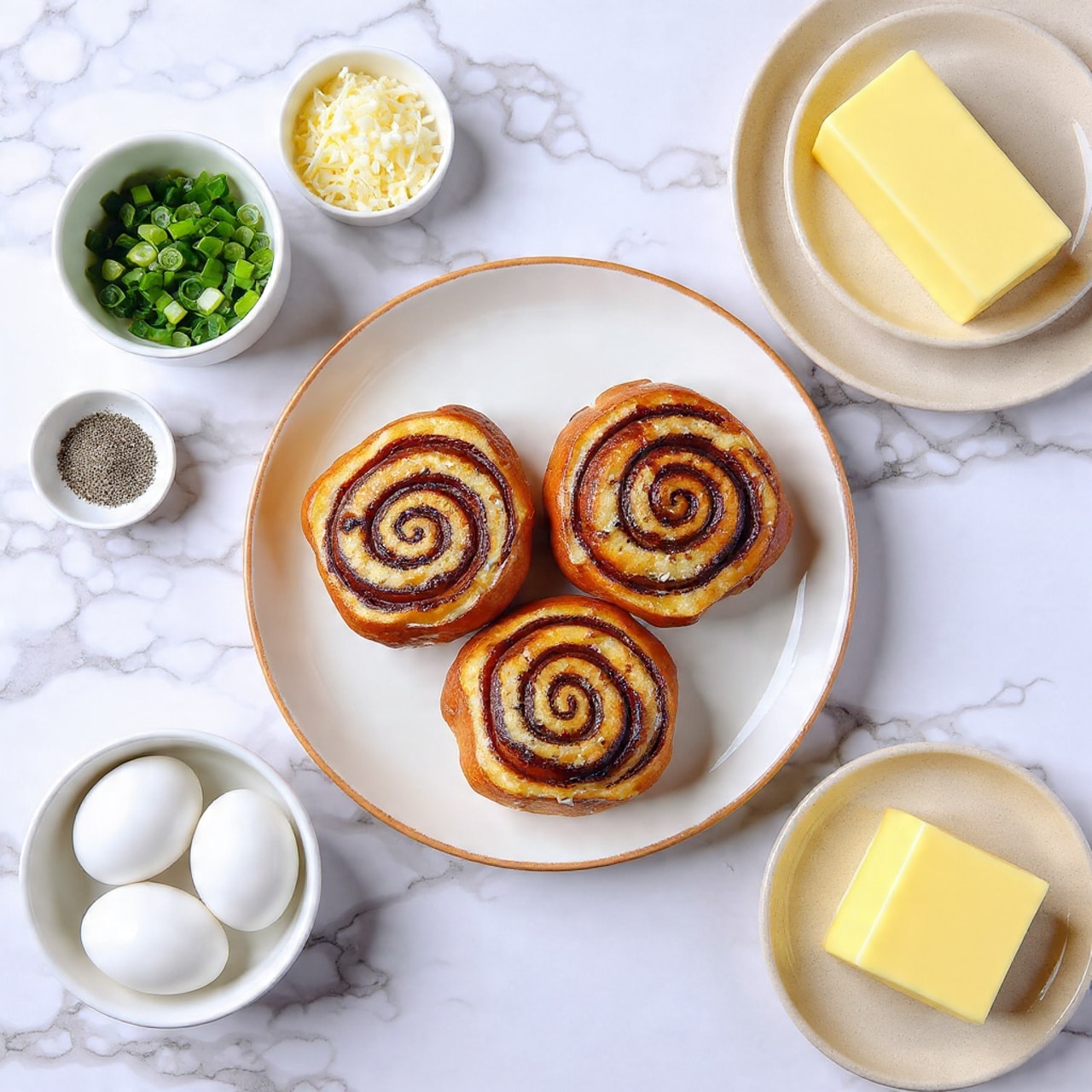 The image shows four cinnamon rolls with golden brown, shiny, swirled layers stacked in a round white plate with a beige rim, placed on a white marbled surface. Around the plate are small white bowls filled with chopped green onions, shredded yellow and white cheese, and ground black pepper, alongside two white eggs on a small white plate and a beige plate with a thick square piece of butter. The colors include warm browns and yellows from the rolls and cheese, fresh green from the chopped onions, and neutral tones from the eggs and butter. photo taken with an iphone --ar 4:5 --v 7