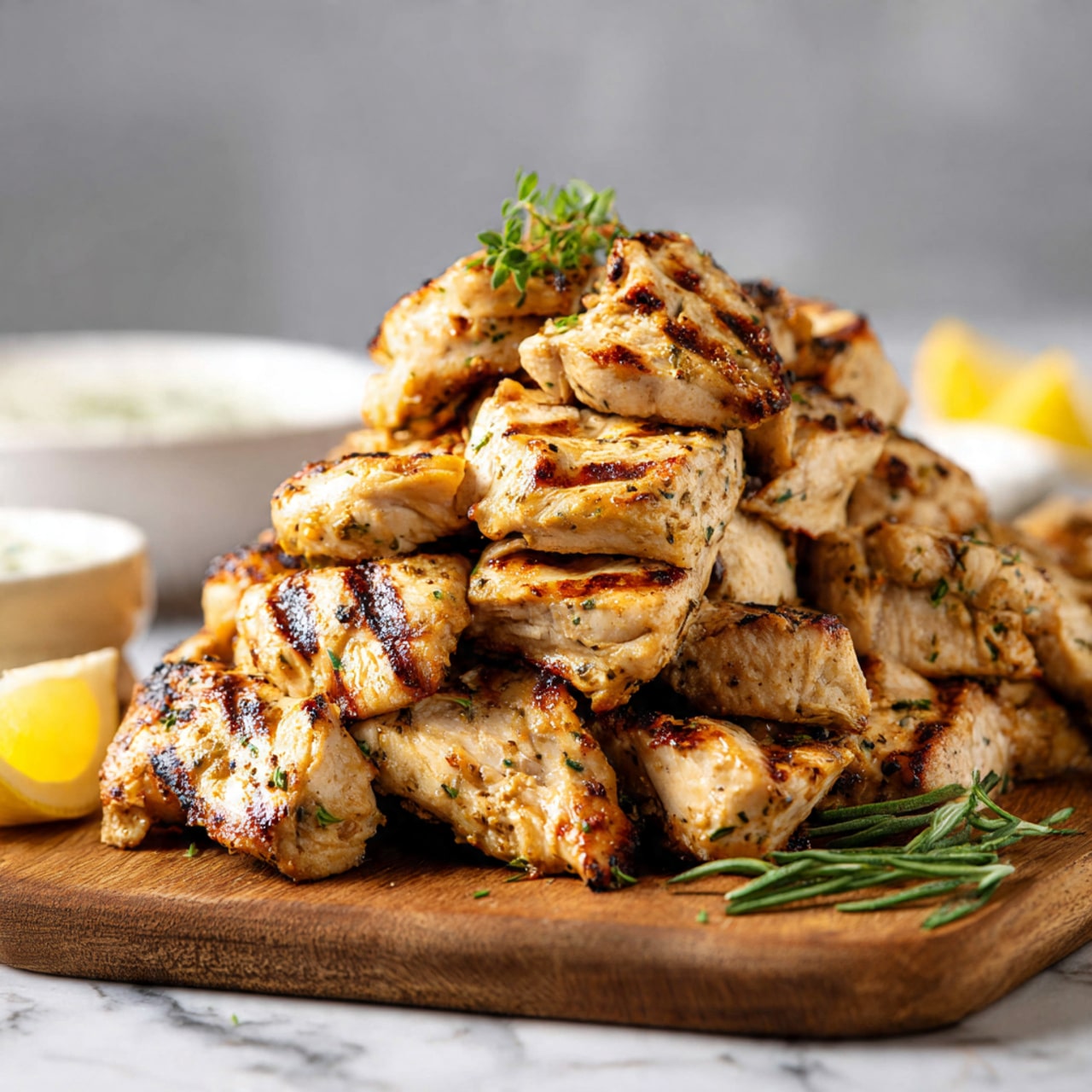 The image shows a wooden board piled high with grilled chicken pieces that are golden brown with clear grill marks. The chicken is arranged in two or three layers, creating a heap in the center of the board. There is a small green herb garnish on top, next to a lemon wedge. In the background, slightly blurred, there is a white bowl with some dipping sauce. The entire setup is placed on a white marbled textured surface. photo taken with an iphone --ar 4:5 --v 7