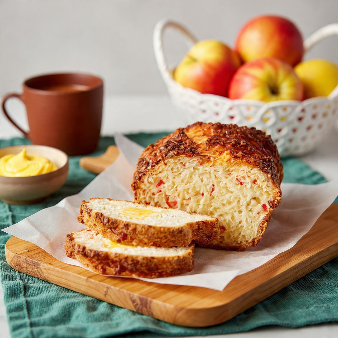 The image shows a loaf of homemade bread with a rough brown crust and a soft inside full of small chunks of red and green pieces. Two slices are cut and laid in front of the loaf on a parchment paper on top of a wooden board. Behind the bread, a white dish holds a yellow spread, and a white cup of coffee is blurred further back. In the background, there is a white basket filled with red and green apples and pears, all set on a white marbled surface with a green patterned cloth on the side. Photo taken with an iphone --ar 4:5 --v 7