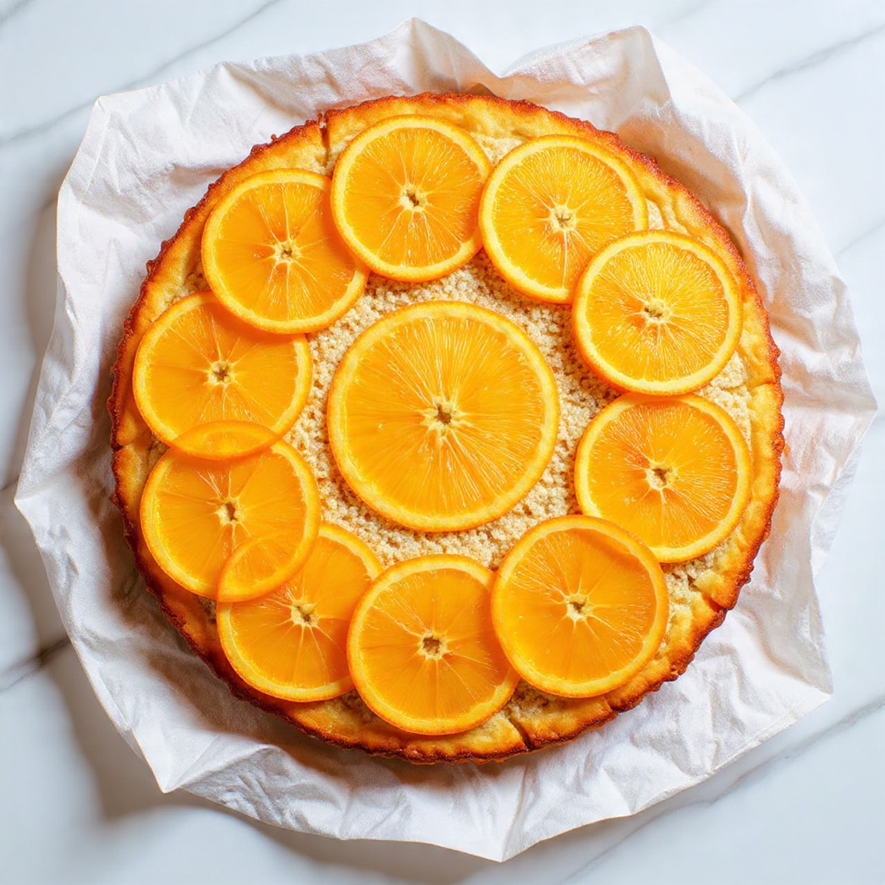 A round upside-down cake is placed on crumpled white paper over a white marbled surface. The cake has a golden-brown baked crust with a moist texture. On top, there are eleven thin orange slices arranged evenly in a circular pattern covering the entire surface of the cake. The orange slices have visible segments, and some have slightly wrinkled edges from baking. The cake's edge is slightly darker brown, showing a light crispiness. photo taken with an iphone --ar 4:5 --v 7