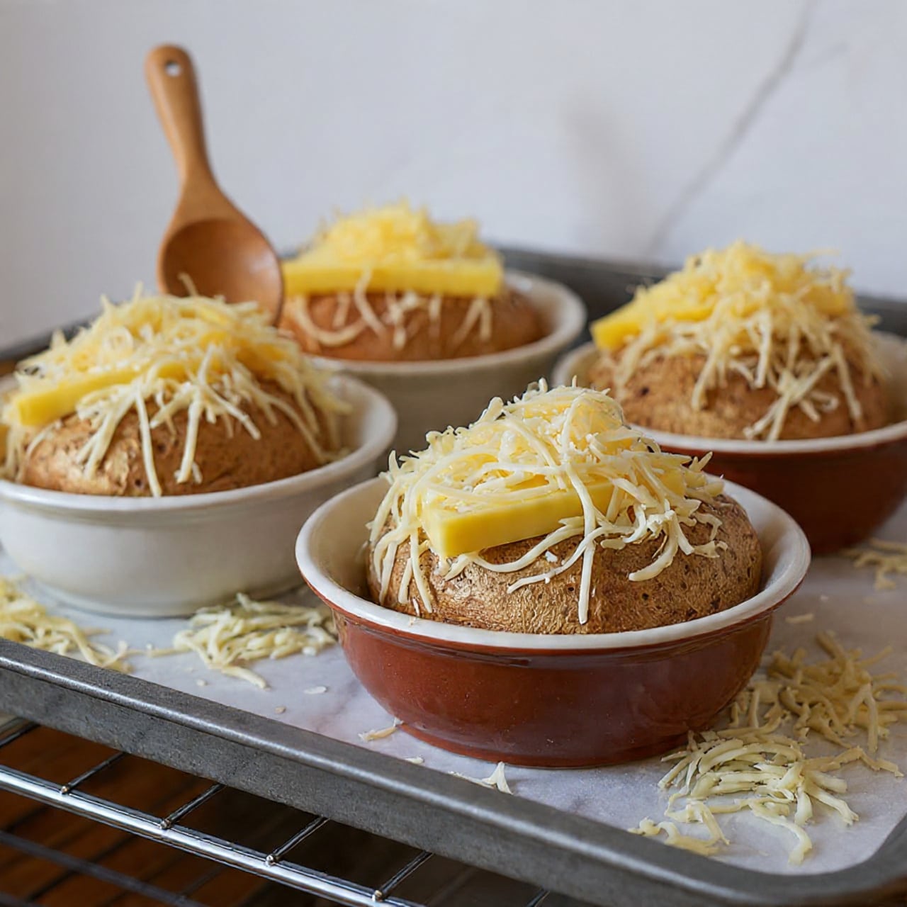 The image shows three white ceramic bowls filled with French onion soup, each topped with a large, thick layer of melted golden-yellow cheese with toasted brown spots on top. The cheese layer is sprinkled with light shredded cheese and garnished with small green thyme leaves. Under the cheese, caramelized onions and broth fill the bowls, visible at the edges. The bowls are placed on a white marbled surface, and one bowl rests on a brown coaster. A woman's hand holds a small black spoon near the top left corner of the image. photo taken with an iphone --ar 4:5 --v 7