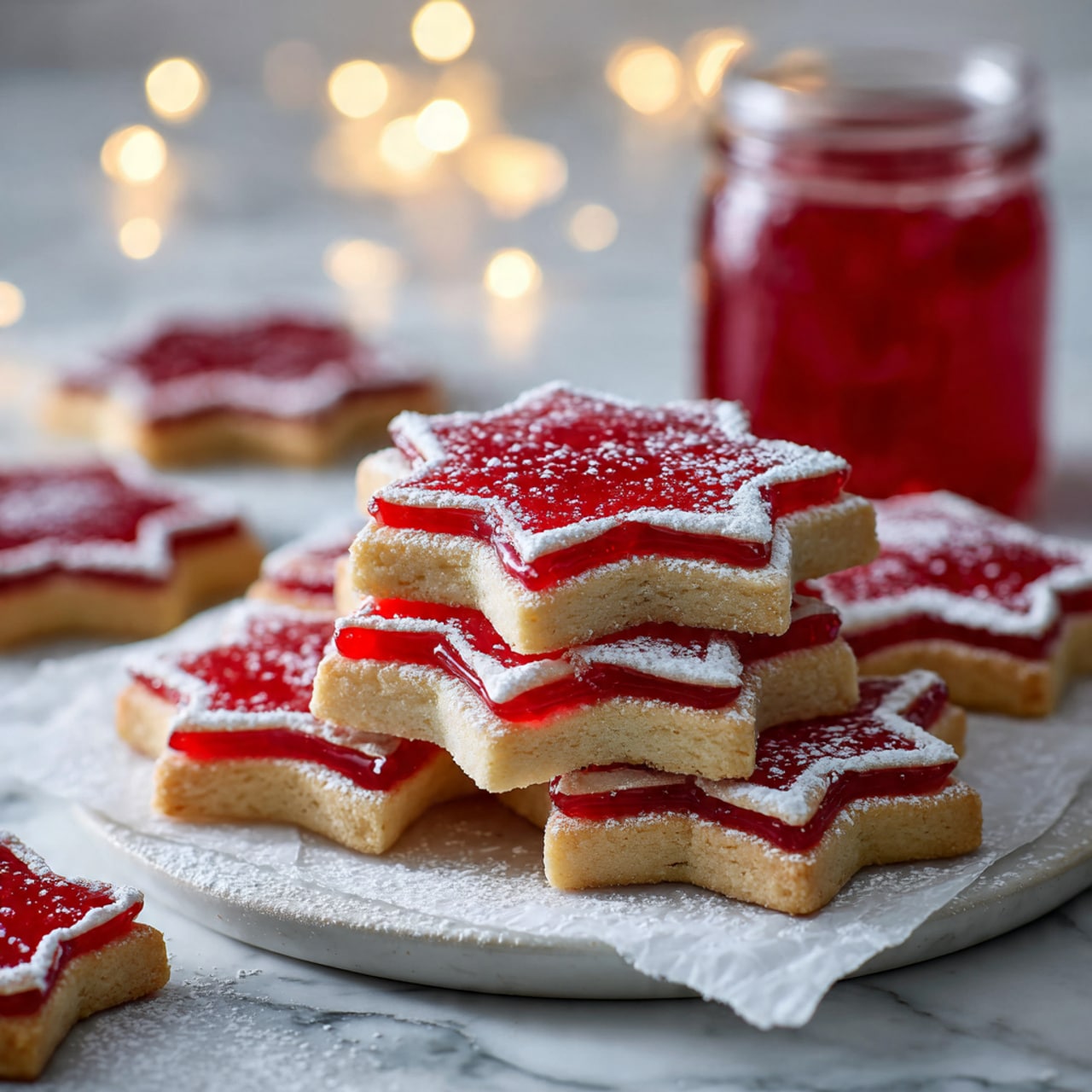 The image shows several star-shaped cookies stacked in a pile on a round white plate lined with white parchment paper, placed on a white marbled surface. Each cookie has two layers: a base layer of light golden brown cookie and a top layer of bright red jelly that is shiny and smooth, bordered with a thin white icing outline. The red jelly layer is dusted with fine white powdered sugar. Around the plate, more cookies are scattered on the white marbled surface, with one in the foreground close up, showing the details of the two layers and powdered sugar. A jar filled with the bright red jelly sits in the background on the white marbled surface, along with blurred lights adding a cozy atmosphere. Photo taken with an iphone --ar 4:5 --v 7