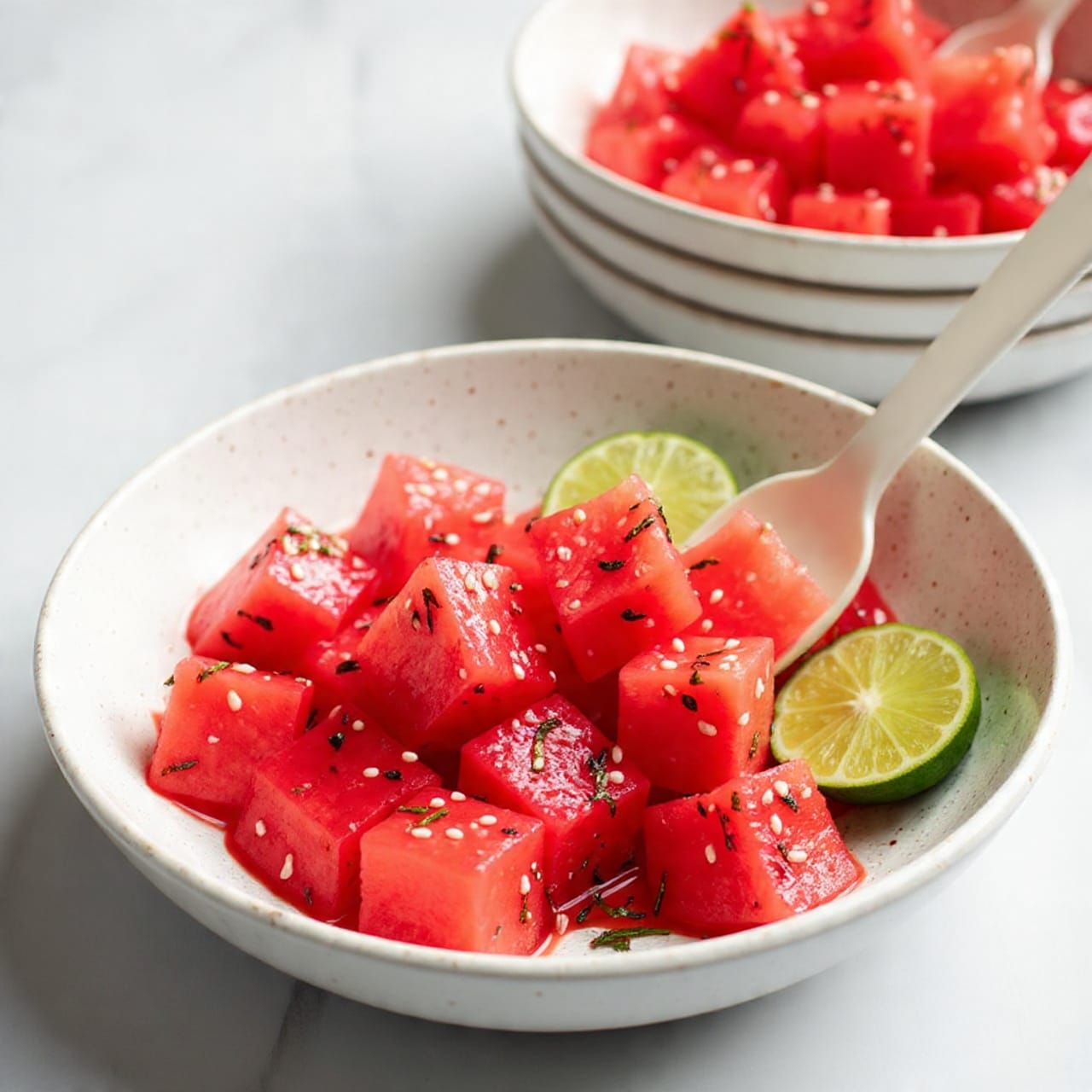The image shows a close-up of a white speckled plate filled with bright red watermelon cubes sprinkled with small green herb pieces. The watermelon pieces are juicy and slightly shiny, with visible seeds and a fresh texture. A half lime is placed on the white marbled surface next to the plate, adding a fresh touch to the scene. The background also shows two stacked white speckled plates slightly blurred. The overall colors are vibrant and fresh with a focus on the red and green. Photo taken with an iphone --ar 4:5 --v 7