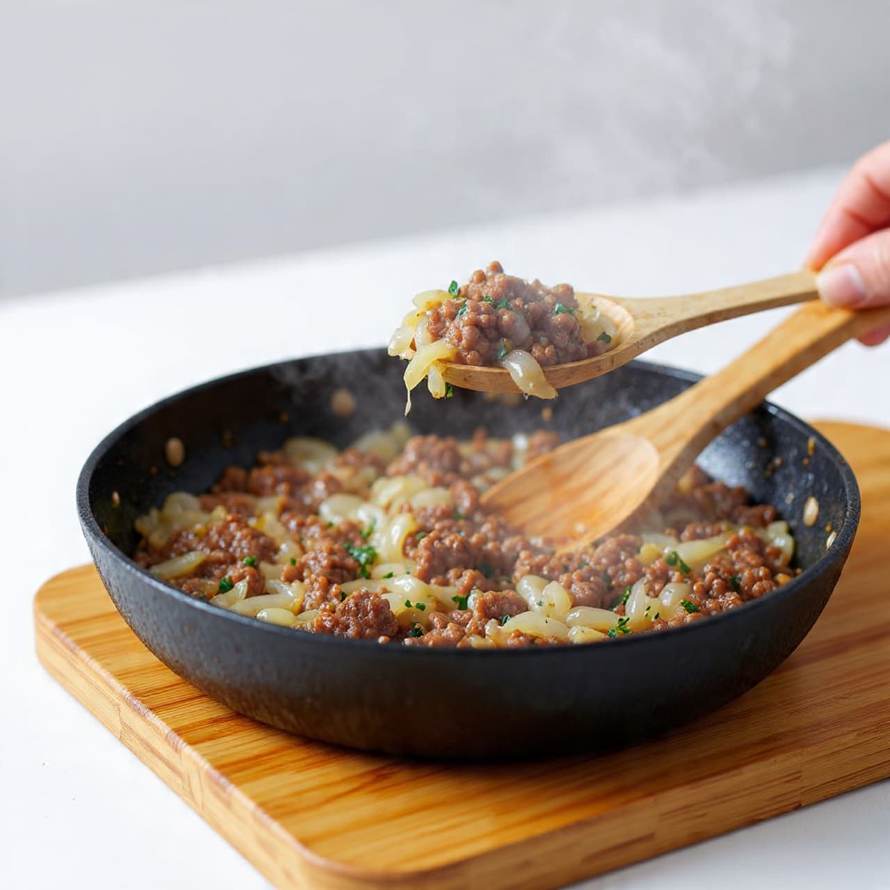 A close-up view of a black skillet filled with a cooked ground meat mixture, showing three main layers: the bottom layer has small cooked onion pieces that are soft and translucent, the middle layer is made up of rich brown ground meat with a slightly crumbly texture, and the top layer shows fresh green herbs scattered throughout. Steam rises from the skillet, emphasizing the hot, freshly cooked food. A wooden spoon lifts a portion of the meat and onion mix from the skillet, holding it in the foreground with visible texture and shine. The skillet sits on a wooden board over a white marbled surface, while a blurred kitchen setting with soft natural light fills the background. Photo taken with an iphone --ar 4:5 --v 7