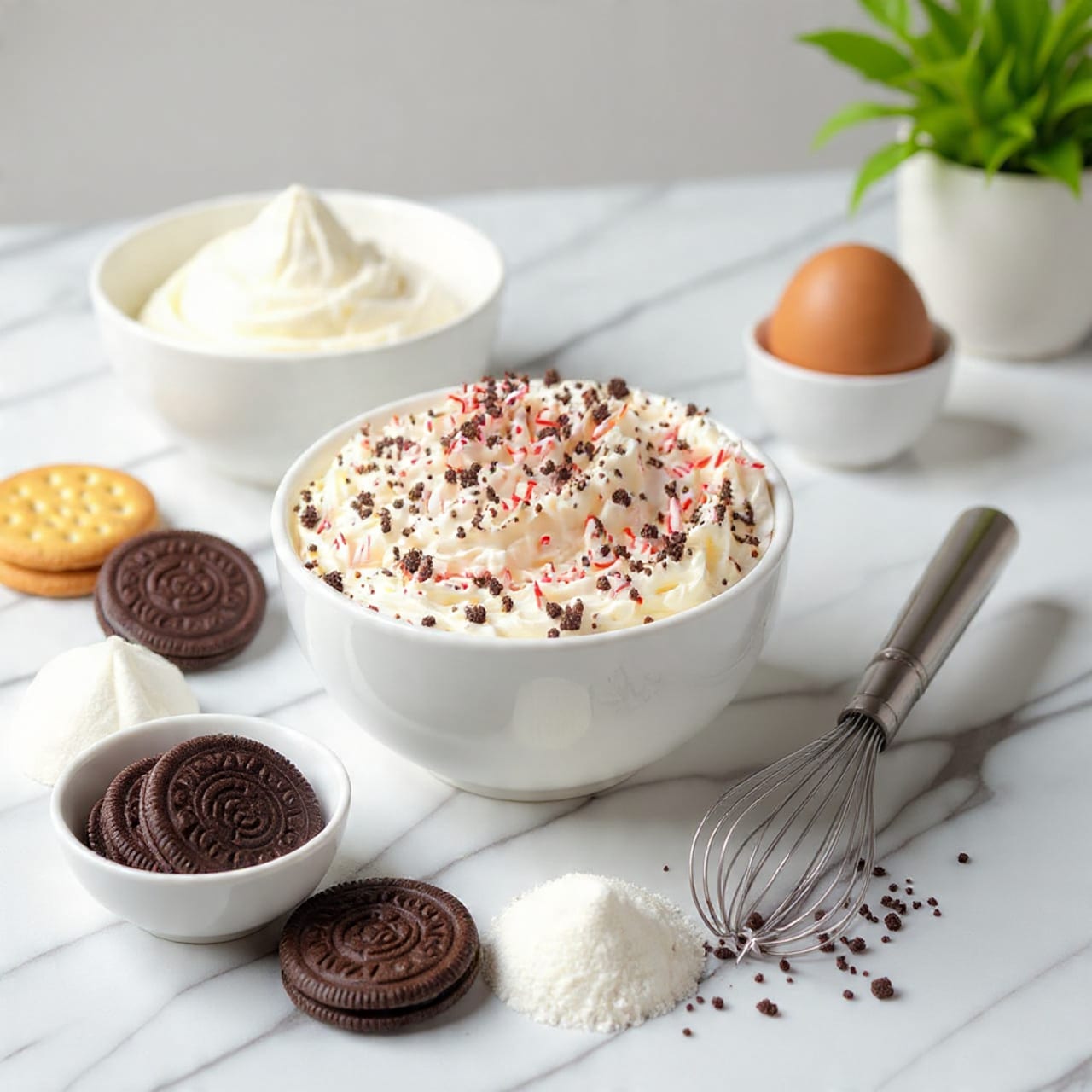 A large white bowl filled with a light, fluffy cream mixture topped with crushed dark cookie bits in the center, with a metal whisk dipped in the cream on the right side of the bowl. In the foreground, a small white bowl holds more crushed dark cookies, and there is a pile of white flour mixed with some cookie crumbs on the white marbled surface nearby. In the background, another white bowl filled with whipped cream sits next to a single brown egg in a small white cup, with soft shadows falling across the setup and a blurred plant adding warmth to the white marbled background. Photo taken with an iphone --ar 4:5 --v 7