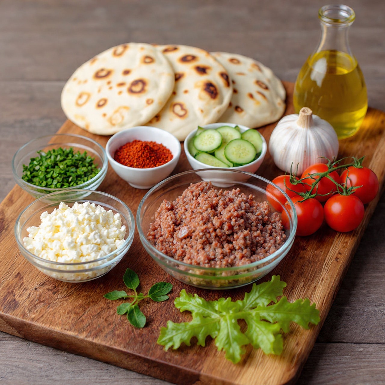 The image shows a wooden board with various fresh ingredients arranged on it. At the bottom left, there is a stack of five flatbreads with light brown spots and soft texture. Above the flatbreads, three small wooden bowls hold different items: finely chopped green herbs, sliced bright green cucumbers, and red spice powder. At the center right, a larger wooden bowl contains raw ground meat with some fresh green herbs sprinkled on top. Next to it, a glass bowl is filled with white crumbled cheese. On the top right of the board, there are fresh green lettuce leaves along with a whole head of garlic. A small bunch of red tomatoes on the vine and a clear glass bottle of golden olive oil sit nearby. The whole setup is on a rustic brown wooden surface. photo taken with an iphone --ar 4:5 --v 7