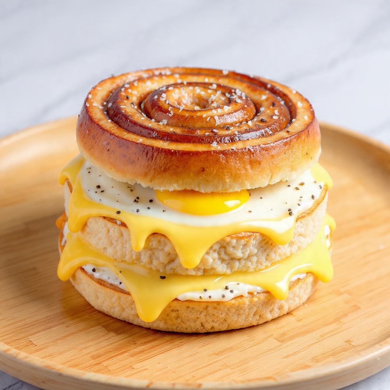 A close-up view of a layered breakfast sandwich placed on a wooden board, showing three main layers: the bottom layer is a toasted bun with a light golden brown color and a soft texture, topped with melted pale yellow cheese that drips slightly over the sides, the middle layer is a shiny white fried egg with a bright yellow yolk in the center and specks of black pepper, and the top layer is a thick, spiraled cinnamon roll with a glossy dark brown and caramelized surface sprinkled with sugar crystals. The background features a white marbled texture. photo taken with an iphone --ar 4:5 --v 7