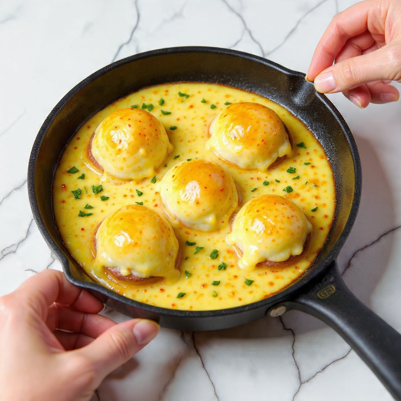 Four pieces of food in a black oval pan, each piece covered with a thick layer of melted cheese that is golden brown in spots with some darker toasted areas. Fresh green parsley leaves are scattered on top of the cheese, adding color contrast. The pan sits on a white marbled surface, and a woman's hand is about to hold the pan from one side. The texture of the cheese looks smooth and creamy, with the melted layer slightly bubbling and stretching around the edges of the food beneath. photo taken with an iphone --ar 4:5 --v 7