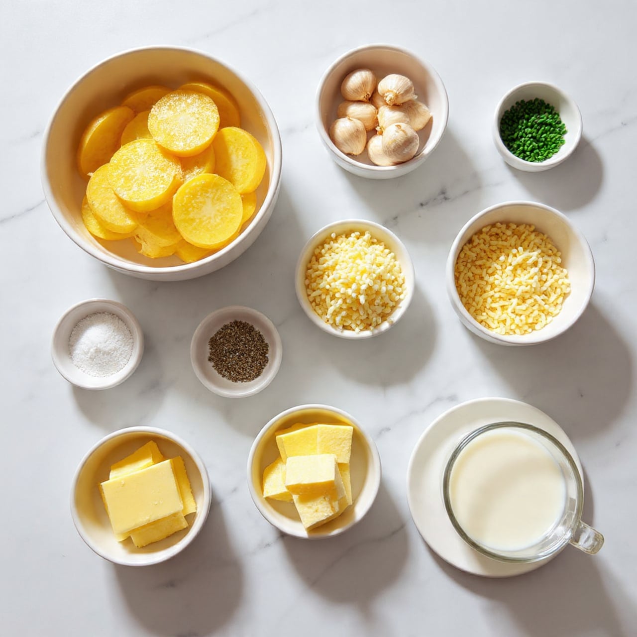 The image shows many small white bowls arranged neatly on a white marbled surface, each holding different cooking ingredients. One large bowl at the top left is full of thin, round yellow potato slices with smooth skin edges, layered on top of each other. Below it, a medium bowl contains whole garlic bulbs with smooth white skin. At the center of the image, two medium white bowls have piles of shredded cheese in pale yellow colors, with individual thin strands visible. Surrounding these are smaller white bowls holding white salt, mixed black pepper, and bright green chopped chives, each finely textured. A small glass jar with creamy light yellow butter sits near the bottom center, with a white plate holding two solid pale yellow rectangular butter pieces beside it. Another glass holds white milk at the top right, appearing smooth and full. The setup is clean, organized, and ready for cooking photo taken with an iphone --ar 4:5 --v 7