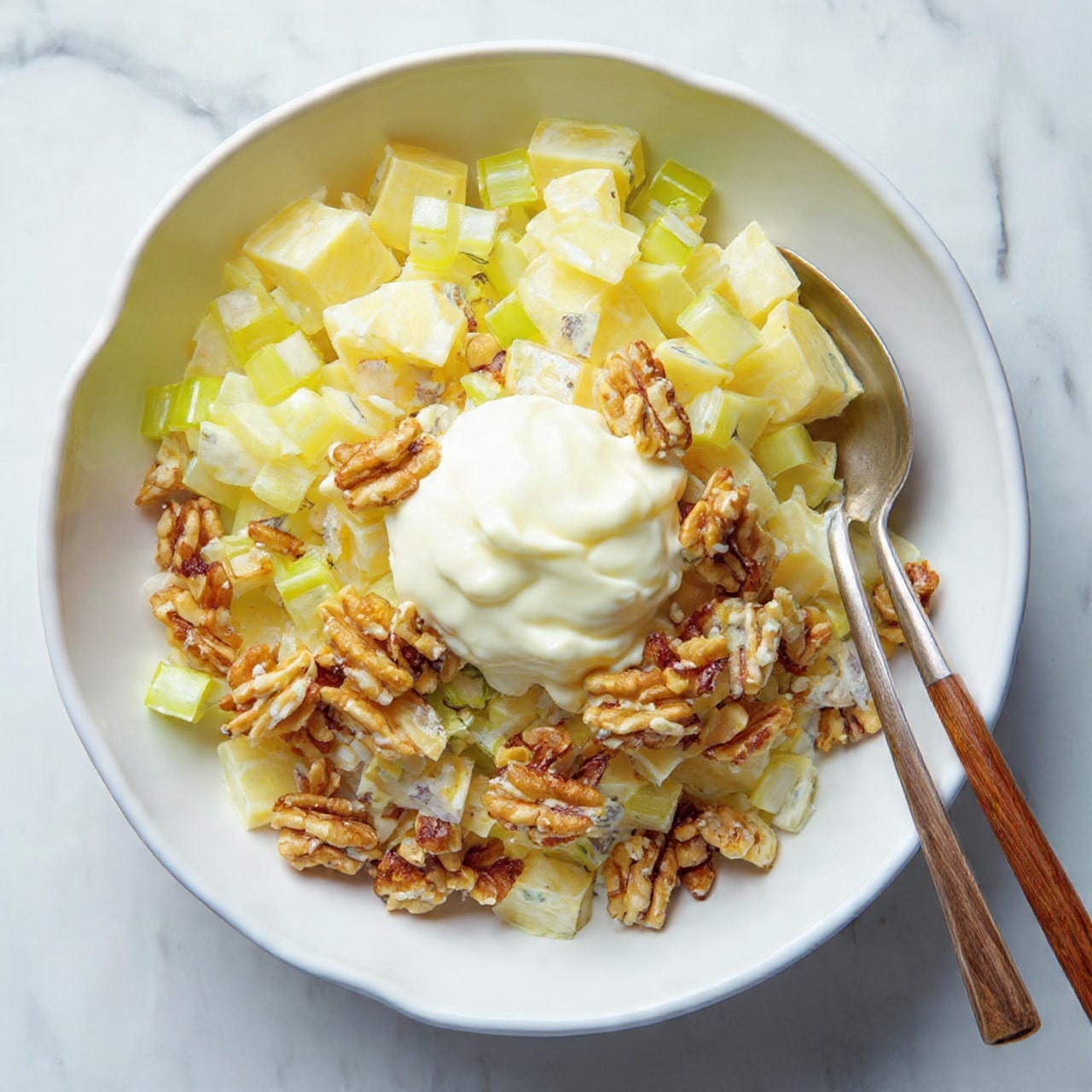 The image shows a white mixing bowl with four clear layers inside. On the left, there are small diced light yellow apple pieces, and next to them is a section of bright green chopped celery. On the right side, there are medium brown walnut pieces with a bit of texture. On top of the apple, celery, and walnuts is a large dollop of creamy white mayonnaise. A light wooden spoon is placed inside the bowl, resting on the walnuts. The bowl is on a white marbled surface. Photo taken with an iphone --ar 4:5 --v 7
