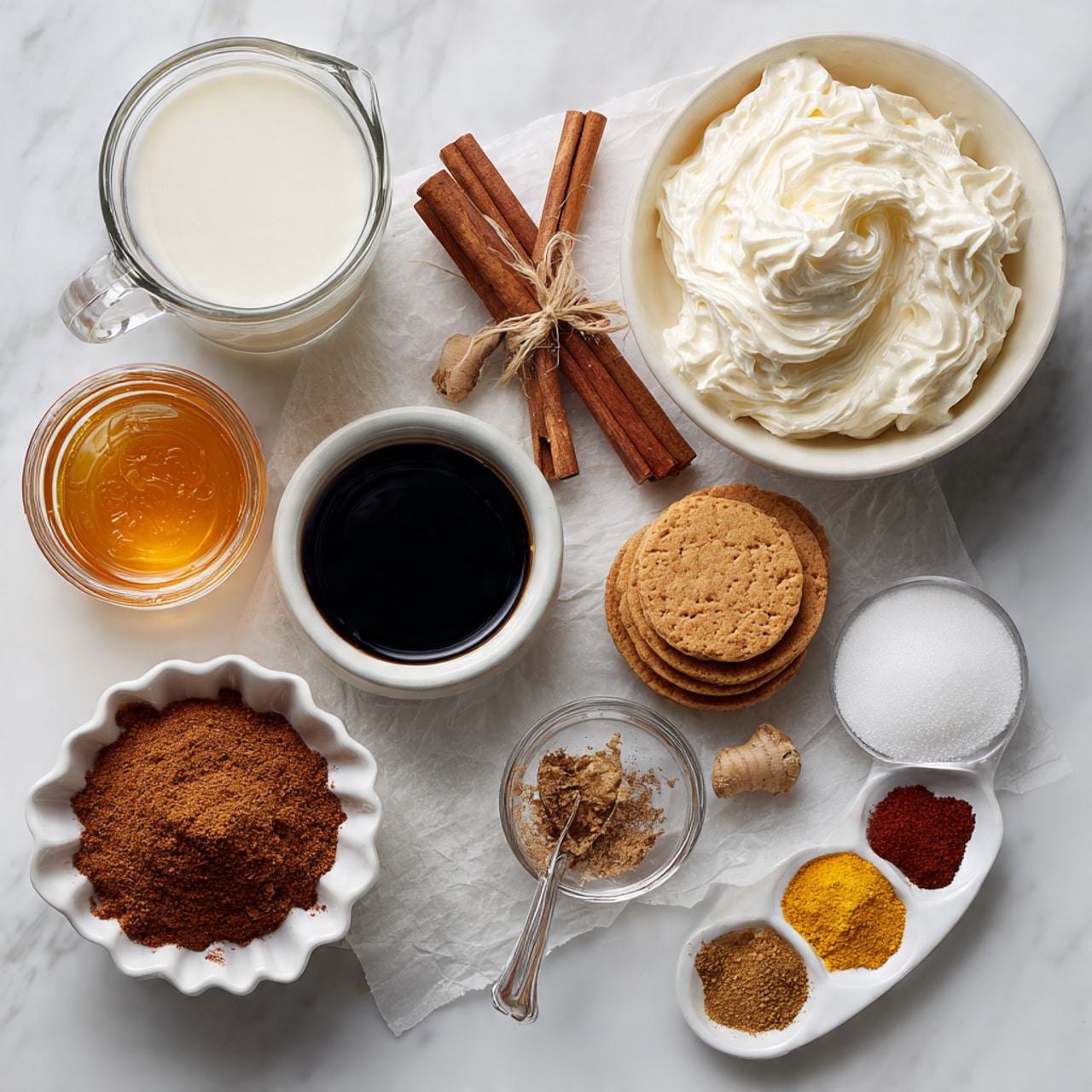 A top-down view of various ingredient bowls and items arranged on translucent parchment over a white marbled surface. There is a large white bowl with whipped cream showing soft peaks and swirls at the top right. Next to it on the left is a clear glass jug filled with milk. Below the jug are two cinnamon sticks tied together and a piece of fresh ginger. A small glass jar with amber honey is near the bottom left, next to a stack of four cracked golden brown cookies. In the center, a white bowl holds a dark black liquid, possibly coffee or syrup. Below that is a white fluted dish filled with a heap of brown powder, alongside three small bowls with white sugar, a golden brown powder, and three separate piles of colorful spices—brown, reddish, and yellowish–on a small white dish with a silver spoon resting inside the sugar bowl. photo taken with an iphone --ar 4:5 --v 7