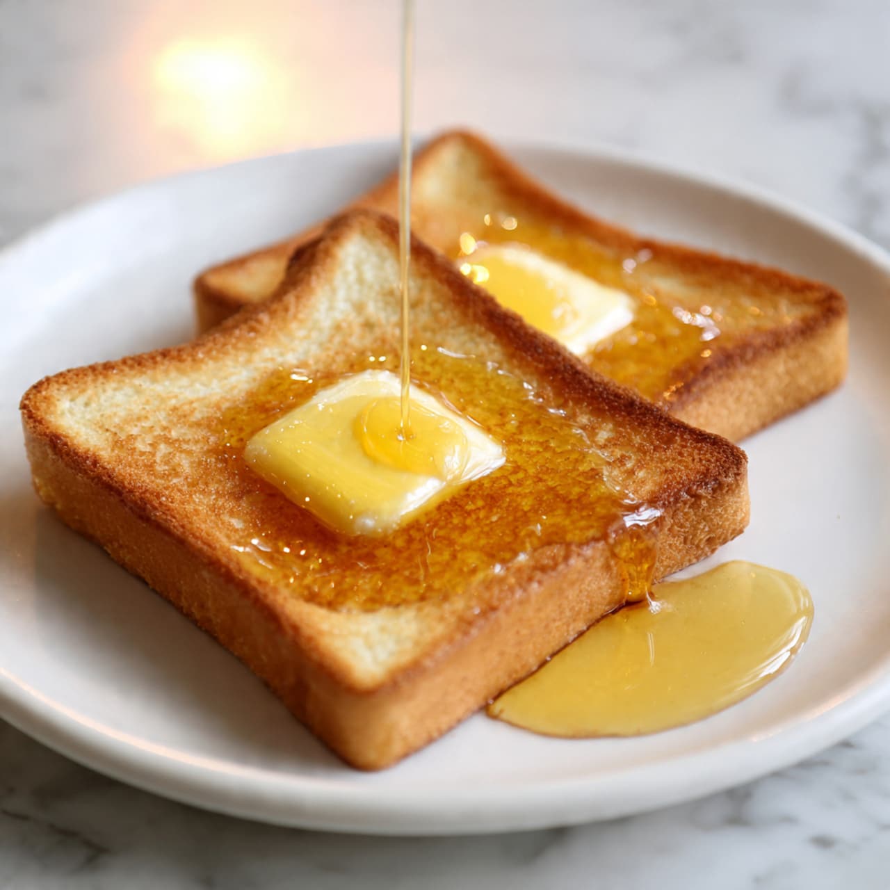 The image shows six slices of toasted bread with a golden crust arranged on a white rectangular plate, placed on a white marbled surface. Each toast slice has a thick, creamy layer of white cheese spread evenly, topped with a round slice of caramelized golden apple. On top of each apple slice, there are small pieces of brown nuts scattered, with a small sprig of green thyme on a few pieces for garnish. The background is softly blurred with warm light coming from a window. photo taken with an iphone --ar 4:5 --v 7