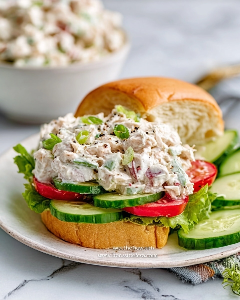 The image shows a sandwich with many layers on a white plate set on a white marbled surface. At the bottom is green leafy lettuce, topped with round slices of red tomatoes, then several thin rounds of green cucumber. On top of the vegetables is a thick layer of creamy chicken salad mixed with small green herbs and black pepper sprinkled on top. Next to the sandwich, there is a light brown soft bread roll that is open. In the blurred background, there's a white bowl filled with more chicken salad. The photo taken with an iphone --ar 4:5 --v 7