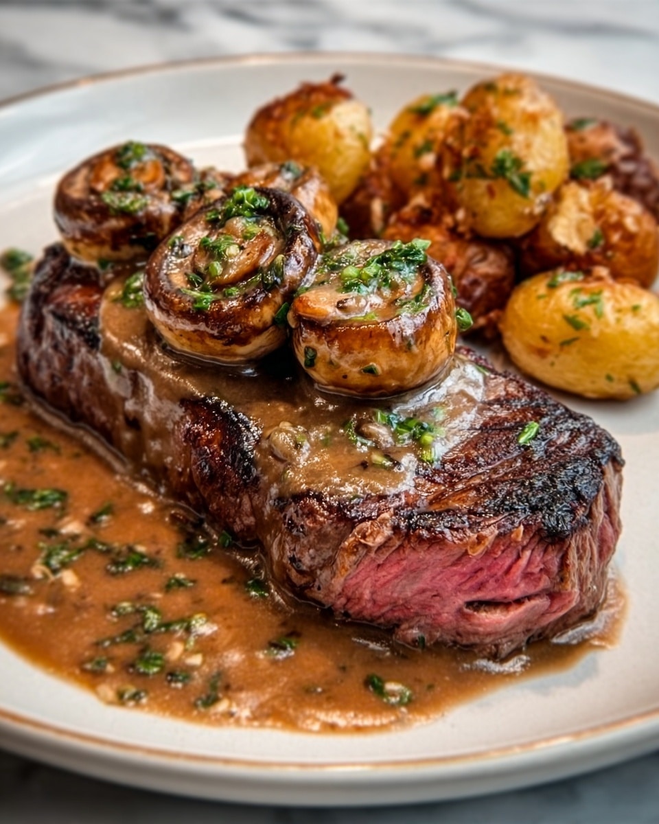 A juicy steak cooked medium rare with a brown sauce covering the top, garnished with green herbs. On top of the steak, there are two large roasted mushrooms with a golden-brown color and herbs sprinkled on them. To the right side of the steak, a serving of roasted small potatoes with a crispy, golden surface rests on the plate. All food is on a white plate with a white marbled texture surface beneath it. Photo taken with an iphone --ar 4:5 --v 7