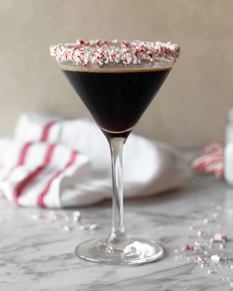 A clear glass with a long stem is filled with a dark brown drink, almost black, up to near the rim. The rim of the glass is decorated with small white and red candy pieces that look like peppermint, creating a rough, jagged crown around the top. The glass sits on a light gray surface with a white marbled texture, and some candy pieces are scattered around its base. In the background, there is a soft beige wall and a white cloth with red stripes folded nearby, slightly out of focus. photo taken with an iphone --ar 4:5 --v 7