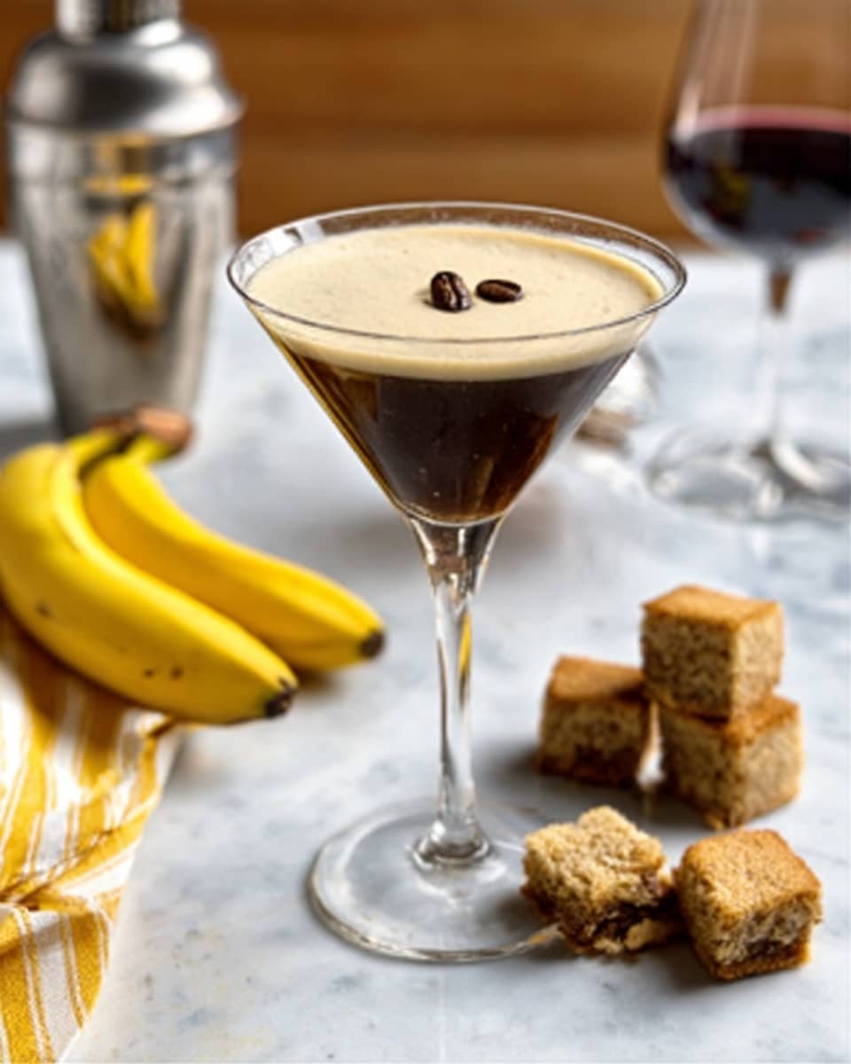A clear, tall martini glass sits on a white marbled surface, filled with a dark brown drink topped with creamy light beige foam. Three coffee beans rest gently on the foam's center. To the right, there are two yellow bananas laying on the white marbled surface, and beside them, three small brown cake cubes. In the background, a metal cocktail shaker and a yellow-striped cloth sit on the white marbled surface, with a blurry glass of red wine visible on the right side. Photo taken with an iphone --ar 4:5 --v 7