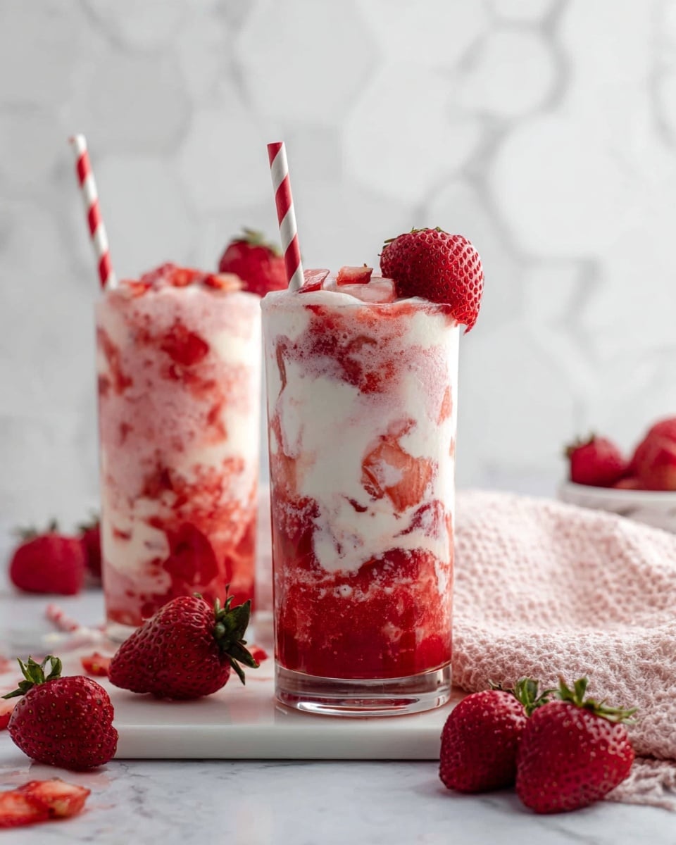 Two tall clear glasses filled with three main layers: a bottom thick red strawberry puree with chunks, a middle swirling mix of white creamy yogurt or milk blending into the red puree, and a top layer of white creamy texture with small diced strawberries scattered on it. Each glass is garnished with a whole red strawberry on the rim and holds a red and white striped paper straw. The glasses sit on a white marbled surface with whole and sliced strawberries scattered around, next to a light pink textured cloth. The background is white and bright with soft hexagonal shapes blurred. photo taken with an iphone --ar 4:5 --v 7