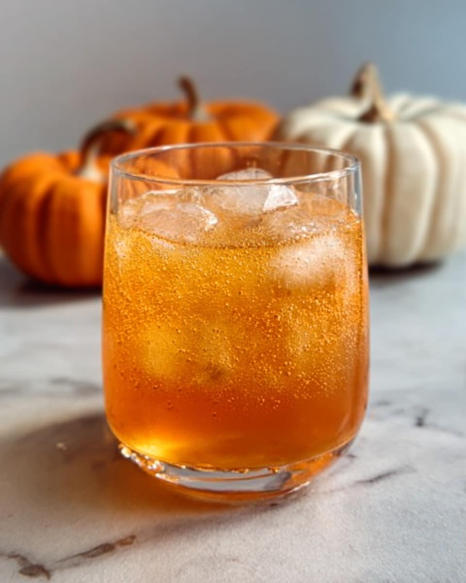 A clear short glass filled with an orange-colored drink and several ice cubes. The drink has bubbles visible on the surface and around the glass rim. The glass sits on a white marbled surface. In the background, there are two small pumpkins, one orange and one white, slightly blurred. photo taken with an iphone --ar 4:5 --v 7