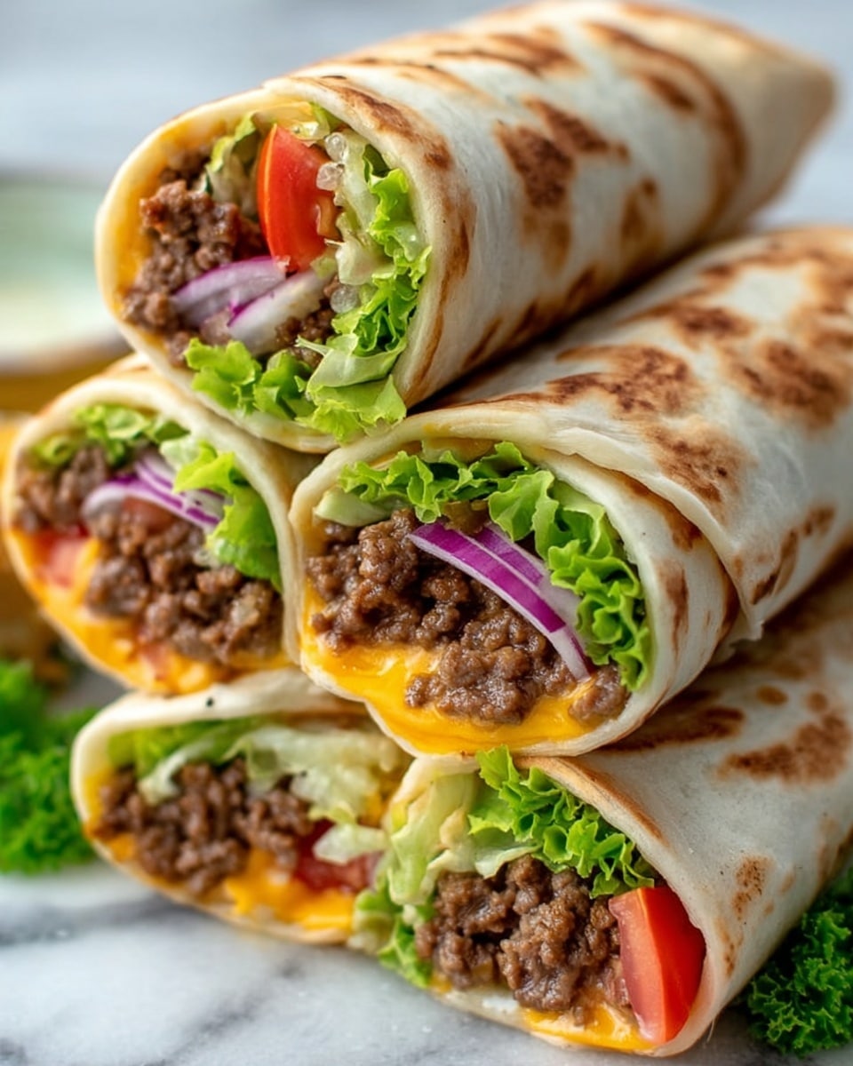 The image shows four soft wraps stacked on a white marbled surface. Each wrap is rolled with a light brown, slightly toasted flatbread, tightly holding layers inside. The top layer contains bright green lettuce, followed by finely cooked brown minced meat with a crumbly texture. Below the meat, there are thin slices of red onion and small pieces of red tomato, adding pops of color. At the bottom layer, there are melted orange cheese slices peeking through. The wraps are positioned closely together, showing a mix of colors and textures inside, with the ends open to display the fillings clearly. Photo taken with an iphone --ar 4:5 --v 7