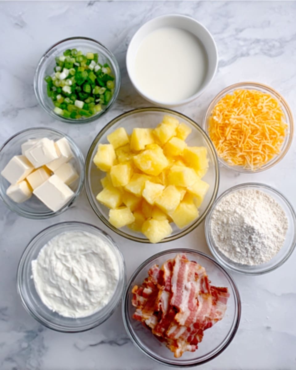 The image shows several clear glass bowls and a white bowl arranged on a white marbled surface. The largest bowl in the center holds bright yellow diced potatoes, while a smaller clear bowl next to it contains chopped green onions. Another clear bowl near the back has small white cubes of butter, and beside it is a bowl filled with a milky white liquid. There is a clear bowl with thick white sour cream and another with flour in it. A clear bowl contains pale yellow corn kernels, and a white bowl holds shredded orange cheese. Finally, a clear bowl to the side has strips of bacon with red and white marbling. Photo taken with an iphone --ar 4:5 --v 7