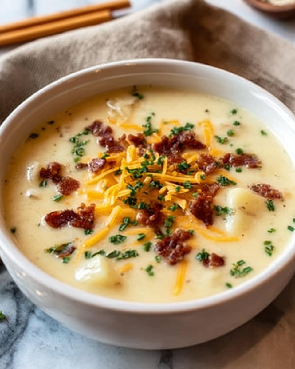 The image shows a white bowl filled with creamy soup that has a smooth, pale yellow surface. On top, there are small, scattered pieces of green herbs, shredded orange cheese, and bits of crispy brown bacon arranged evenly across the soup. Some potato slices or small chunks can be seen beneath the creamy layer, soft and pale in color. The bowl is placed on a white marbled surface with part of a beige cloth and wooden sticks visible in the background. Photo taken with an iphone --ar 4:5 --v 7