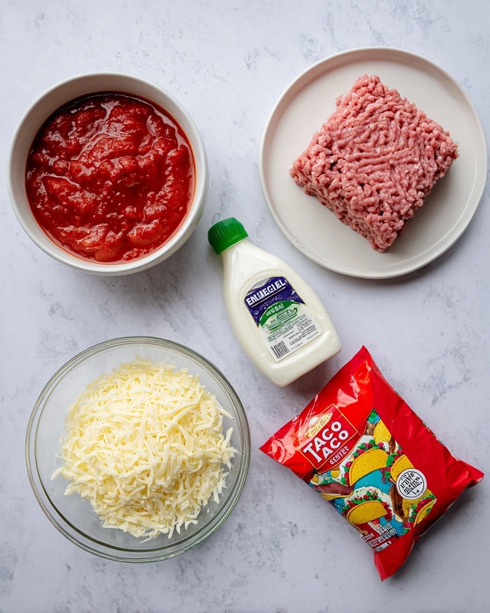 The image shows five ingredients placed on a white marbled surface. On the top left is a white bowl filled with chunky red tomato sauce. Next to it, in the center, is a bottle of white ranch dressing with a green cap and a colorful label. On the top right, a white plate holds a block of raw, pink ground meat. Below the tomato sauce, there is a clear glass bowl filled with shredded pale yellow cheese. Finally, at the bottom right, there is a bright red packet of taco seasoning mix with colorful taco images on it. photo taken with an iphone --ar 4:5 --v 7