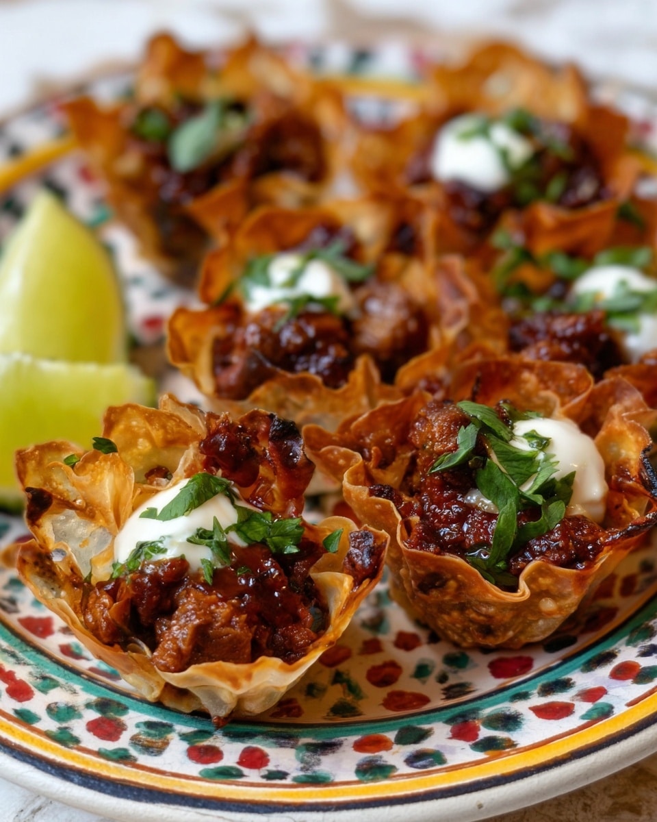The image shows about seven small crispy cups made of thin, golden-brown pastry with slightly burnt edges, each filled with a layer of rich brown cooked meat mixed with a red sauce, topped with a dollop of white sauce and a small sprinkle of fresh green herbs. The cups are arranged on a white plate with colorful patterns along the rim and a white marbled surface beneath. On the left side of the plate, there is a wedge of light yellow lime adding a fresh touch. The photo is taken with an iphone --ar 4:5 --v 7