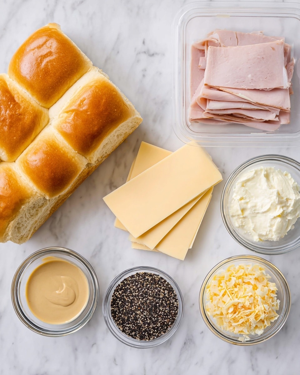 The image shows the ingredients for a sandwich arranged neatly on a white marbled surface. On the left, there is a rectangular block of golden brown soft sandwich rolls. To the top right, there is thinly sliced light pink deli meat in a clear plastic container. Below that, there are several square slices of pale yellow cheese stacked in a small pile. In the center, there are three small clear glass bowls: one with creamy light brown mustard sauce, another with white creamy butter or cream cheese, and the last with light yellow dried onion flakes. A tiny clear bowl of dark poppy seeds is placed below these bowls. photo taken with an iphone --ar 4:5 --v 7