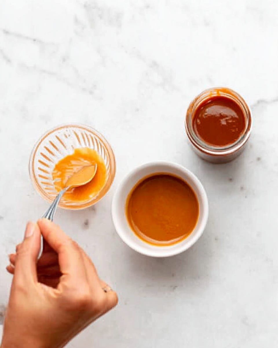 In the image, a woman's hand is holding a small clear bowl with light orange sauce or dressing. Another woman's hand is using a spoon to drizzle the sauce into a white bowl filled with a thicker, darker orange sauce. Both bowls are placed on a white marbled surface, with a small glass jar of the darker sauce nearby. The scene shows a close-up view focusing on the sauces and the woman's hand action. Photo taken with an iphone --ar 4:5 --v 7