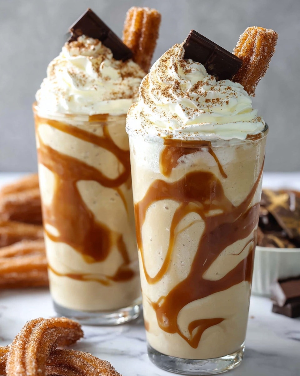 Two tall clear glasses filled with creamy beige milkshake swirled with thick caramel sauce inside, creating uneven caramel patterns throughout. Each glass is topped with a tall swirl of smooth white whipped cream sprinkled lightly with cinnamon powder. Sticking out of the whipped cream are a small cinnamon sugar-coated churro piece and a dark chocolate square. The glasses sit on a white marbled surface, with some churros blurred in the background. The lighting highlights the textures and colors well. Photo taken with an iphone --ar 4:5 --v 7