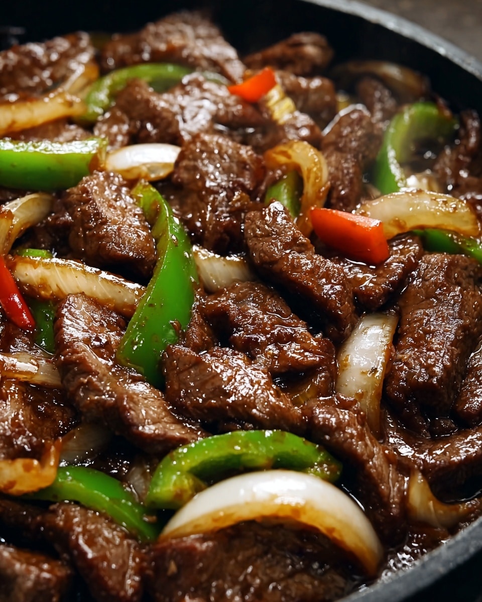 The image shows a close-up view of a cooked beef stir-fry dish in a black pan, filled with dark brown beef pieces that have a shiny, cooked texture. Mixed among the beef are slices of translucent white onion, bright green bell pepper slices, and a few small red bell pepper pieces, all slightly glazed and scattered evenly throughout the pan. The beef and vegetables have a moist, glossy look from the sauce covering them, with small visible seasoning specks. The background shows a soft focus of more of the same stir-fry inside the pan. Photo taken with an iphone --ar 4:5 --v 7