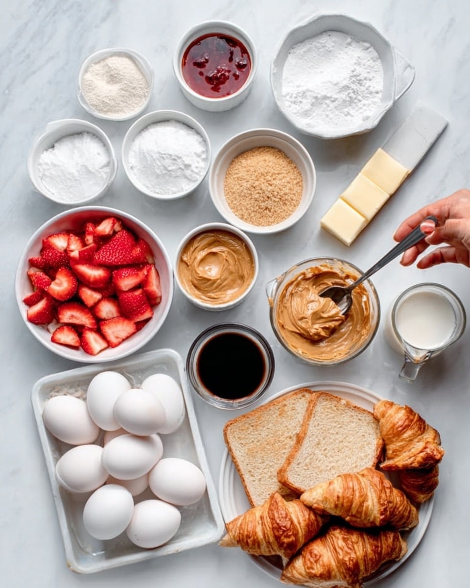 The image shows several small white bowls arranged on a white marbled surface, each containing different ingredients for a recipe. There is one bowl filled with sliced red strawberries, a bowl with light brown sugar, another with white powdered sugar, and a small bowl with a dark liquid that looks like coffee or vanilla. A small bowl holds some peanut butter and another contains a reddish mixture, perhaps jam. A butter stick sits unwrapped near a glass measuring cup filled with milk. A white tray holds seven white eggs, and in front of the tray is a white plate with croissants and sliced bread pieces. A woman's hand holds a spoon scooping some peanut butter from a small bowl. The overall setup looks neat and ready for preparing a dish. photo taken with an iphone --ar 4:5 --v 7