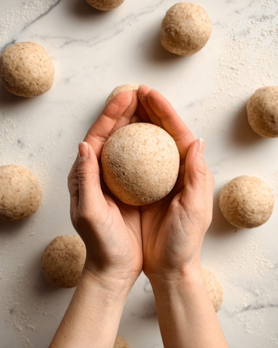 The image shows a pair of woman's hands holding a round, light brown dough ball in the center of a white marbled surface. Around the hands, there are several similar dough balls spread out, all of the same size and color, with a slightly rough texture. The overall scene has a clean and soft look with a focus on the dough balls and delicate positioning of the hands. Photo taken with an iphone --ar 4:5 --v 7