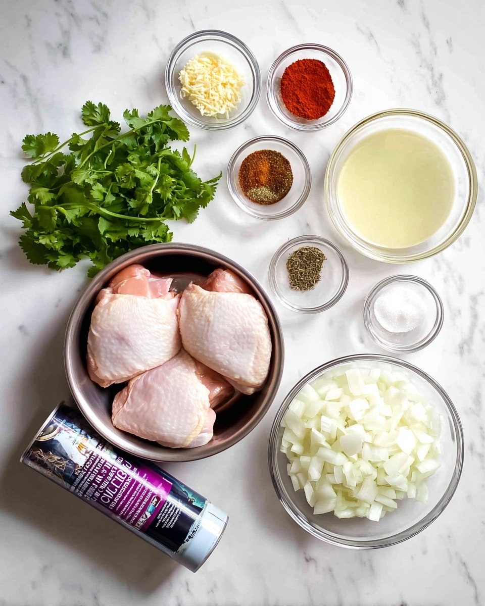 A top view of cooking ingredients laid out on a white marbled surface, including a metal bowl with two raw light pink chicken pieces in the center, a transparent bowl of chopped white onions on the right, and a transparent bowl filled with pale yellow liquid above the onions. Above the chicken, there are small glass bowls holding a red paste, light yellow grated ingredient, black pepper, brown powdered spice, and salt. To the left of the chicken, a transparent bowl holds fresh green cilantro leaves, next to a small glass bowl with a clear liquid. A purple and black can of coconut milk is placed near the lower left corner. photo taken with an iphone --ar 4:5 --v 7